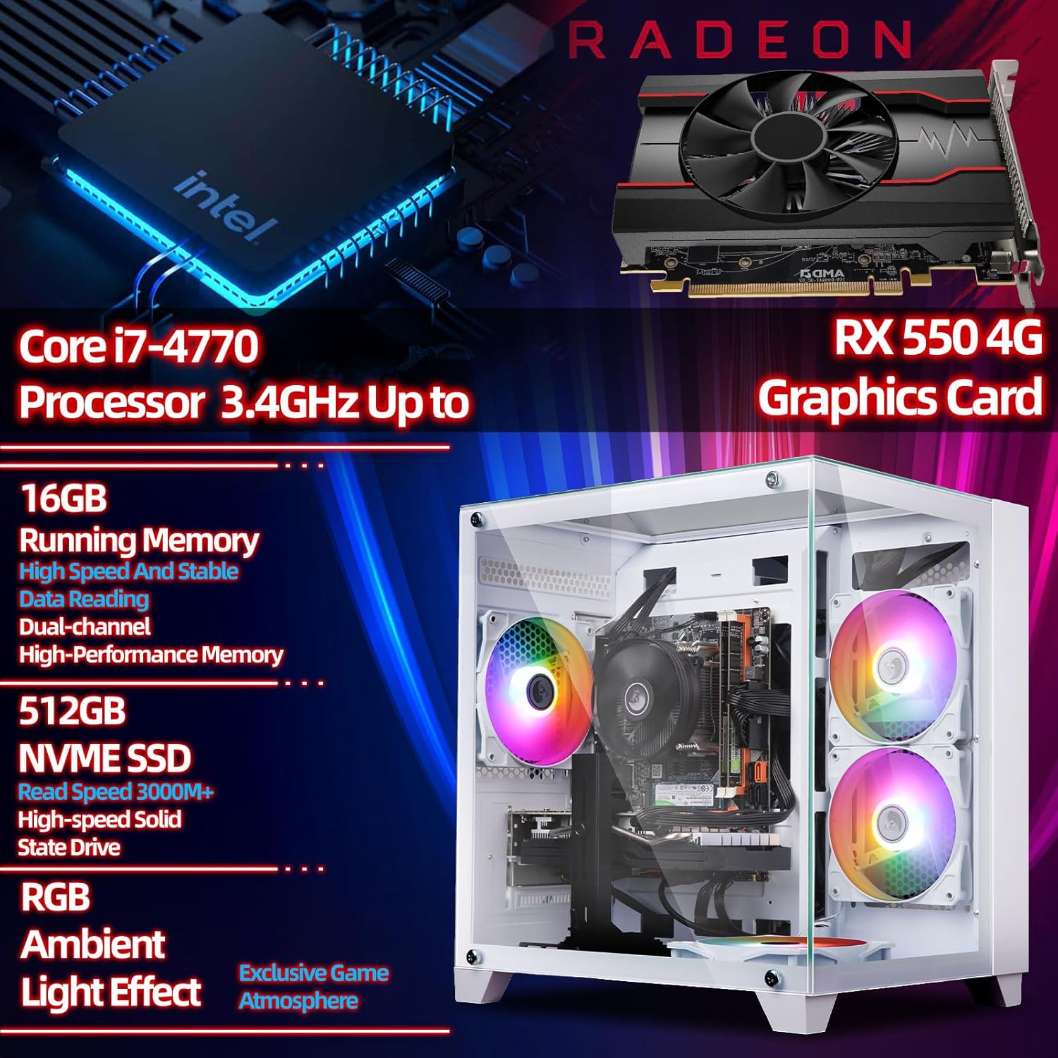 Gaming PC Desktop, Intel i7-4770, Radeon RX 550 4G, 16GB RAM, 512GB SSD, RGB Fans, White Prebuilt Gaming Computer with Keyboard & Mouse, Windows 11
