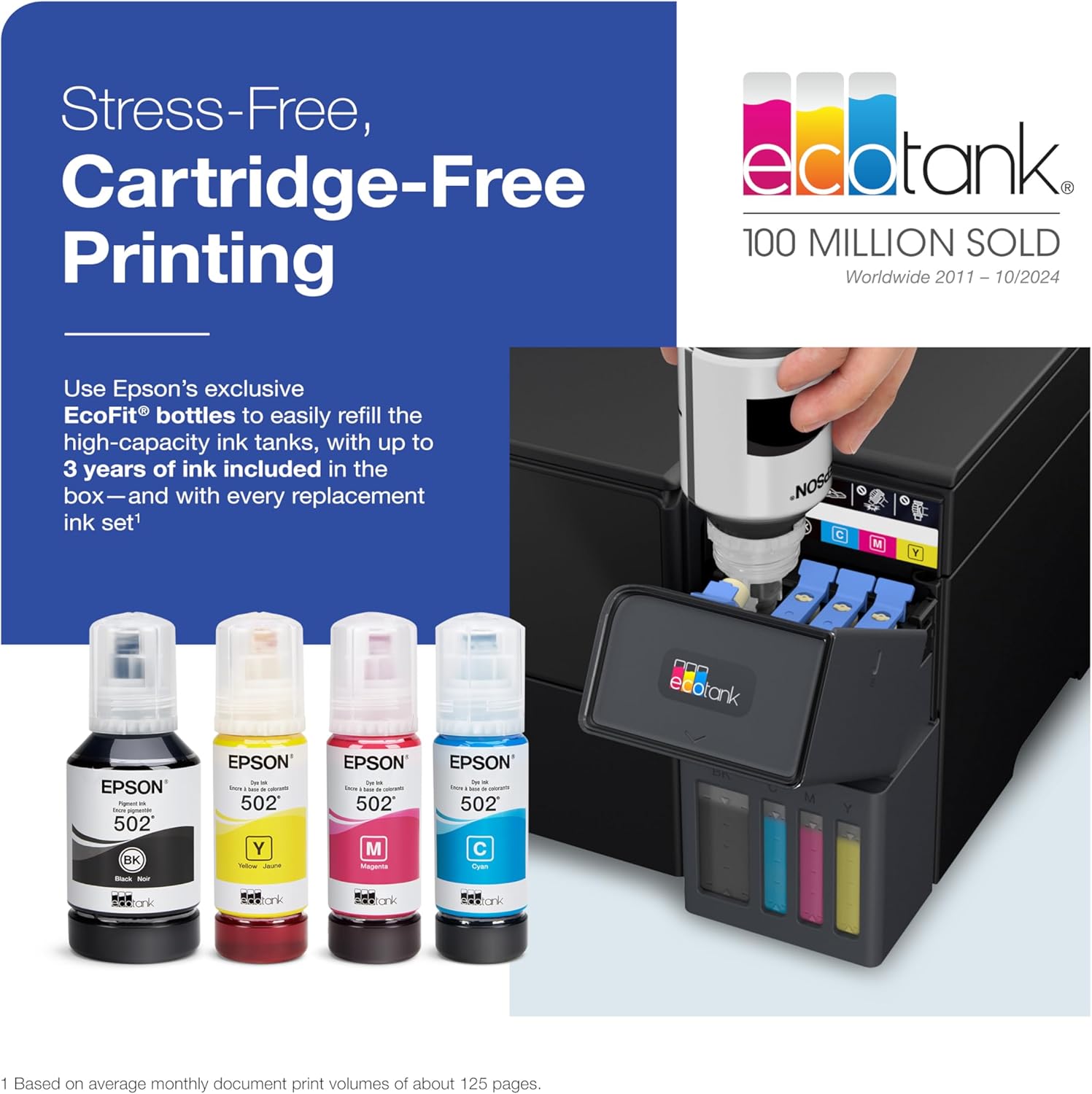 Epson EcoTank ET-2980 Wireless All-in-One Color Supertank Printer with up to 3 Years of Ink Refillable Tanks, Perfect for Home, 15 PPM, 1.44