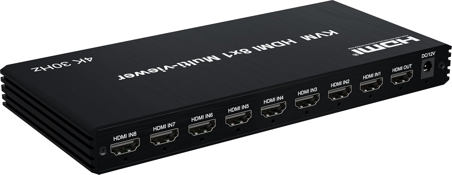 KVM HDMI 8x1 Multi-Viewer 4K@30Hz | 8-Port HDMI Switch with USB Keyboard Control | 8-Screen Splitter for PC/PS5/Xbox | IR & RS232 Support | 340MHz Bandwidth | Meeting Room/Studio