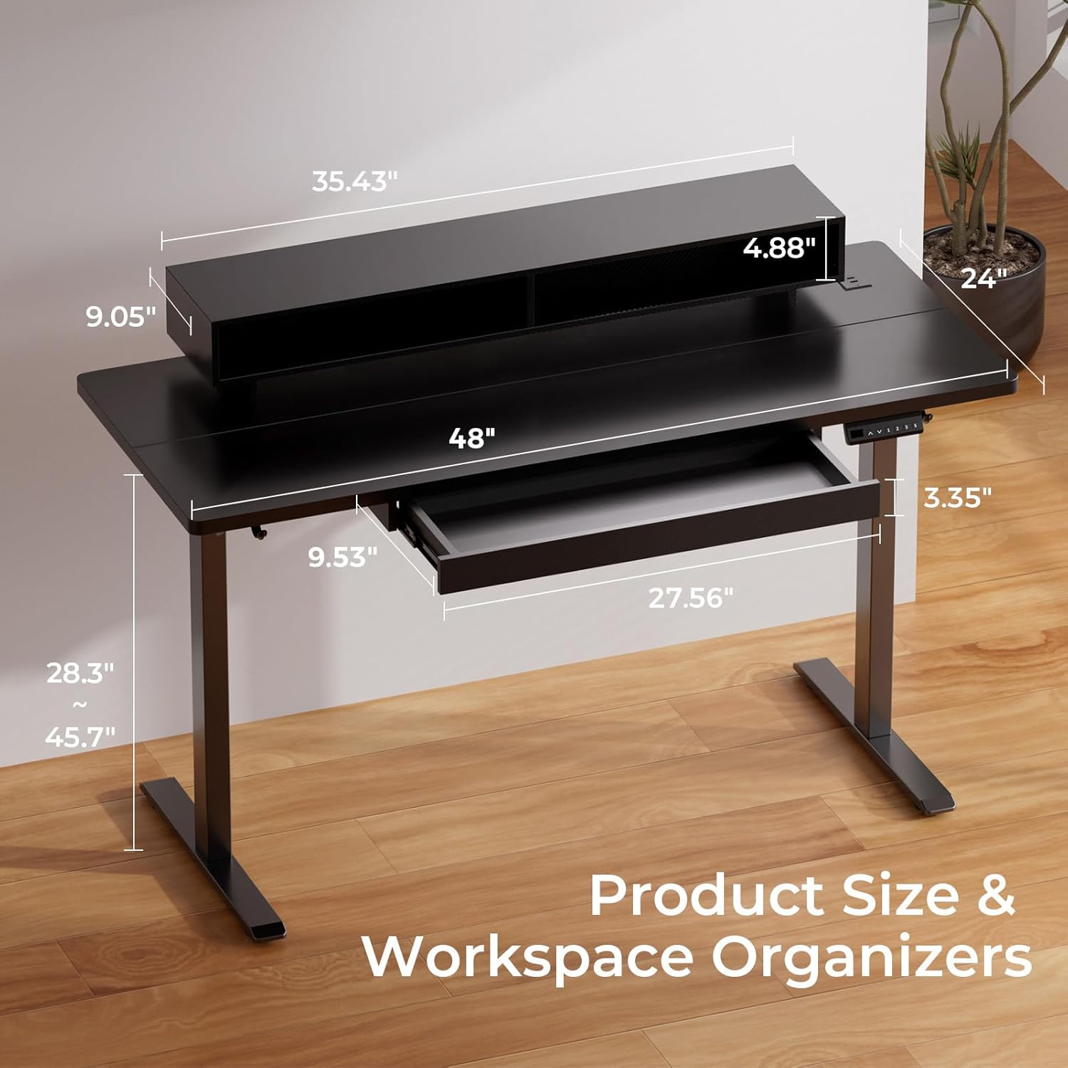 GTPLAYER Electric Standing Desk with Drawers, 48 x 24 Inch Height Adjustable Gaming Desk with Monitor Stand, Power Outlets & LED Lights, Home Office Sit Stand Up Desk with Memory Preset (Black)