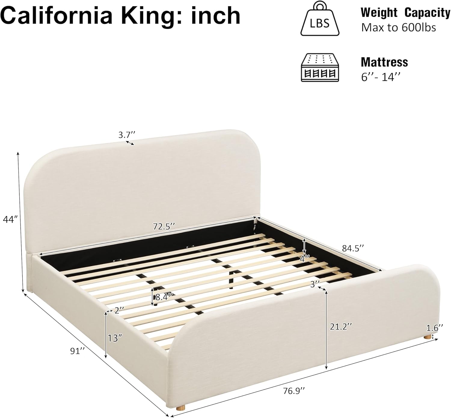 Merax California King Bed Frame, Upholstered Linen Platform Bed with 44 Inch Tall Headboard & Footboard, Solid Wood Base, Soft Curved Edges Design Bedframe, No Box Spring Need, Easy Assembly, Beige