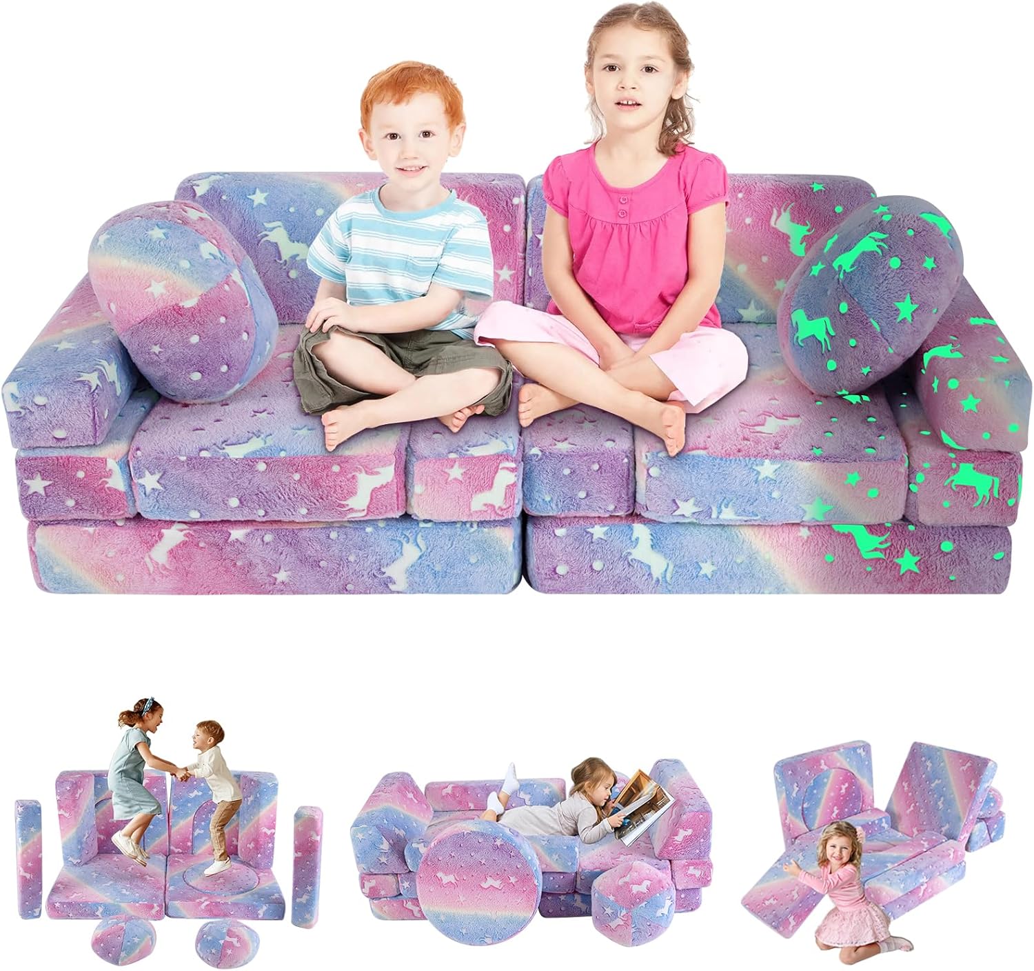 13 PCS Kids Modular Play Set, Glowing Toddler Couch, Kid Play Sofa for Playroom and Bedroom (Rainbow)