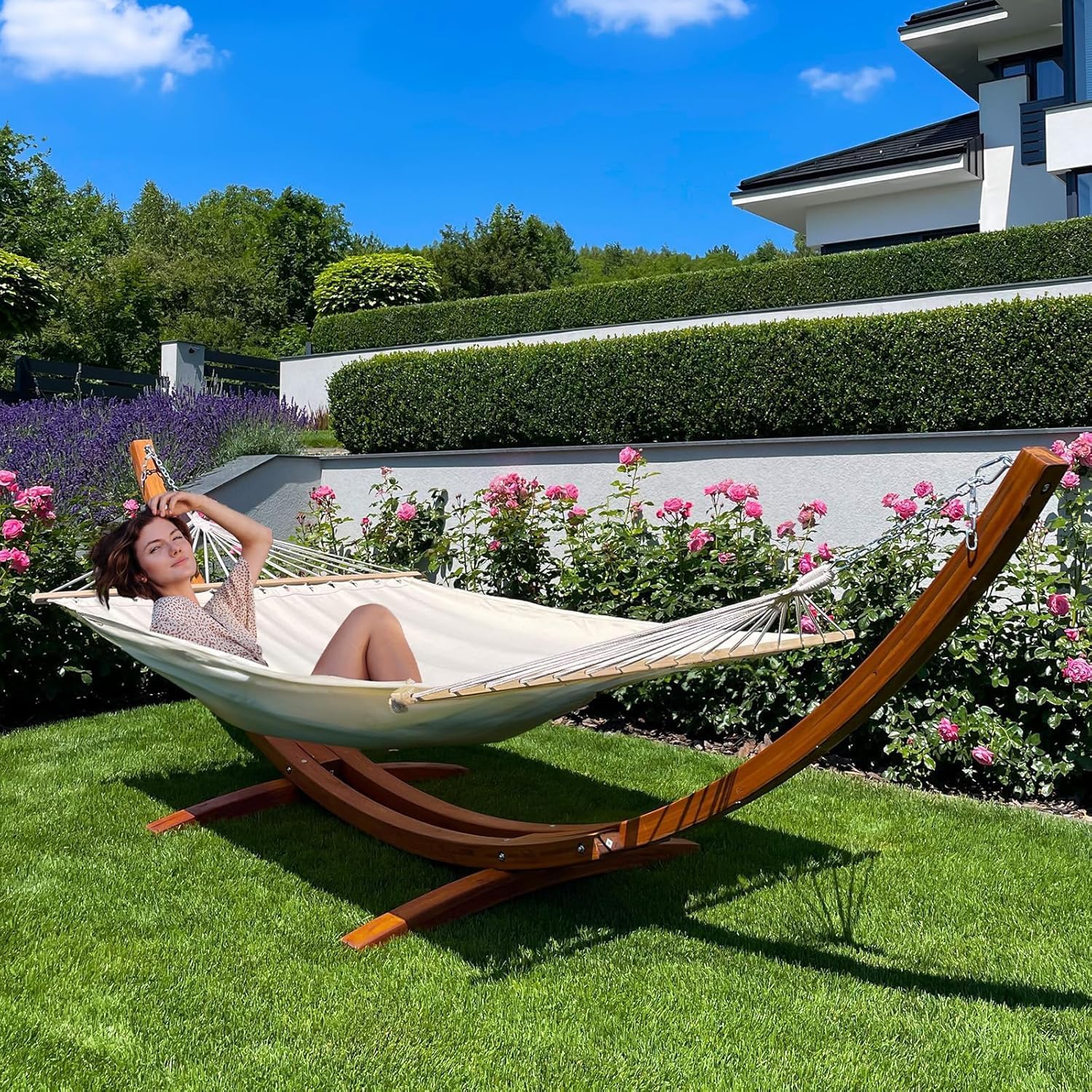 ECOTOUGE 13 FT Hammock with Stand, Heavy Duty Hammock Stand, 2 Person Heavy Large Hammock Bed for Porch, Patio, Balcony, Garden, Backyard, Load 550lbs 550LBS, White-Yellow