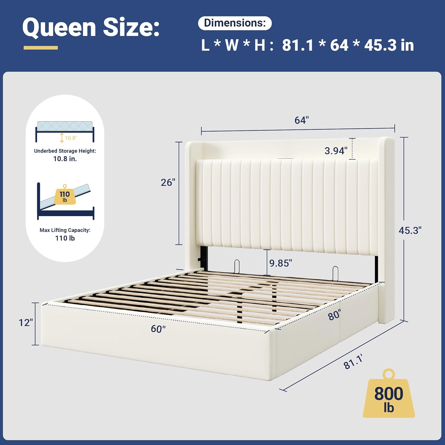 Allewie Queen Size Lift Up Storage Bed Frame,Storage Shelf Headboard with Charging Station,Type-C and USB Ports,Hydraulic Support,Velvet Upholstered Bed Frame,No Box Spring Needed,Cream