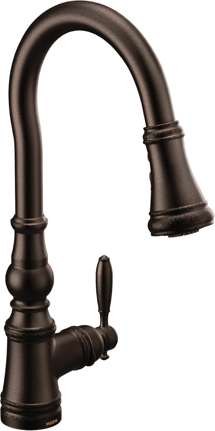 Moen Weymouth Oil Rubbed Bronze Pulldown Kitchen Faucet Featuring Power Boost, Traditional Shepherd's Hook Kitchen Faucet, One-Handle Easy Installation, S73004ORB