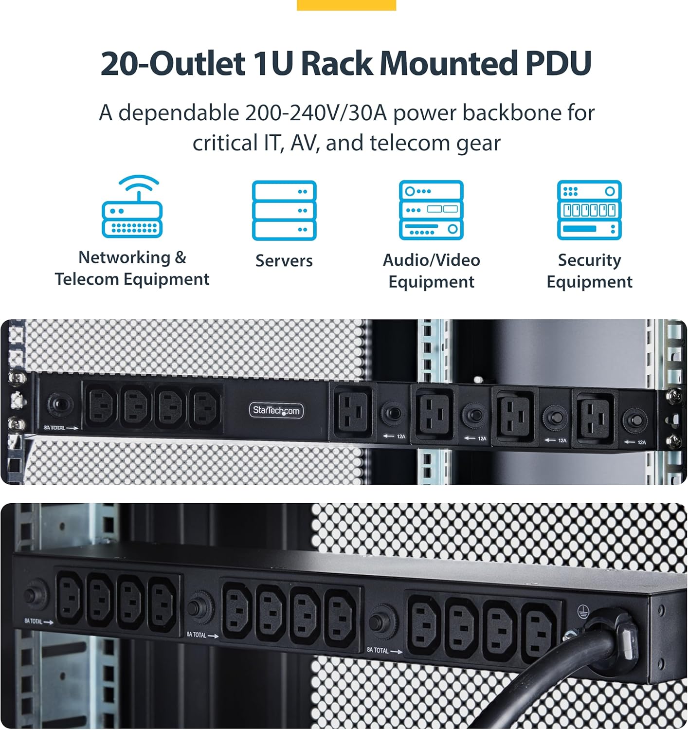 StarTech 20-Outlet Rackmount PDU, 1U Server Power Strip, 16x C13 + 4X C19, 8X Front and 12x Rear Outlets, NEMA L6-30P Wall Connection, 30A/240V, UL-Listed, TAA