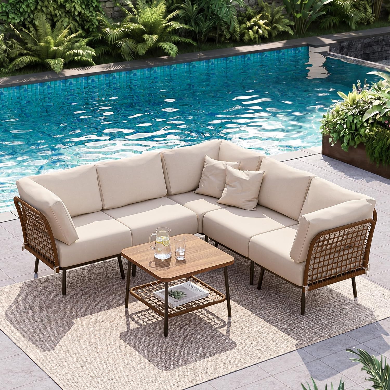 6-Piece Patio Conversation Set, Outdoor Sectional Sofa Modular Wicker Furniture with Thick Cushions & Wood Grain Coffee Table, Patio Furniture for Backyard Porch