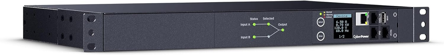 CyberPower PDU44001 Switched ATS PDU, 100-120V, 15A (Derated to 12A), 10 Outlets, 1U Rackmount