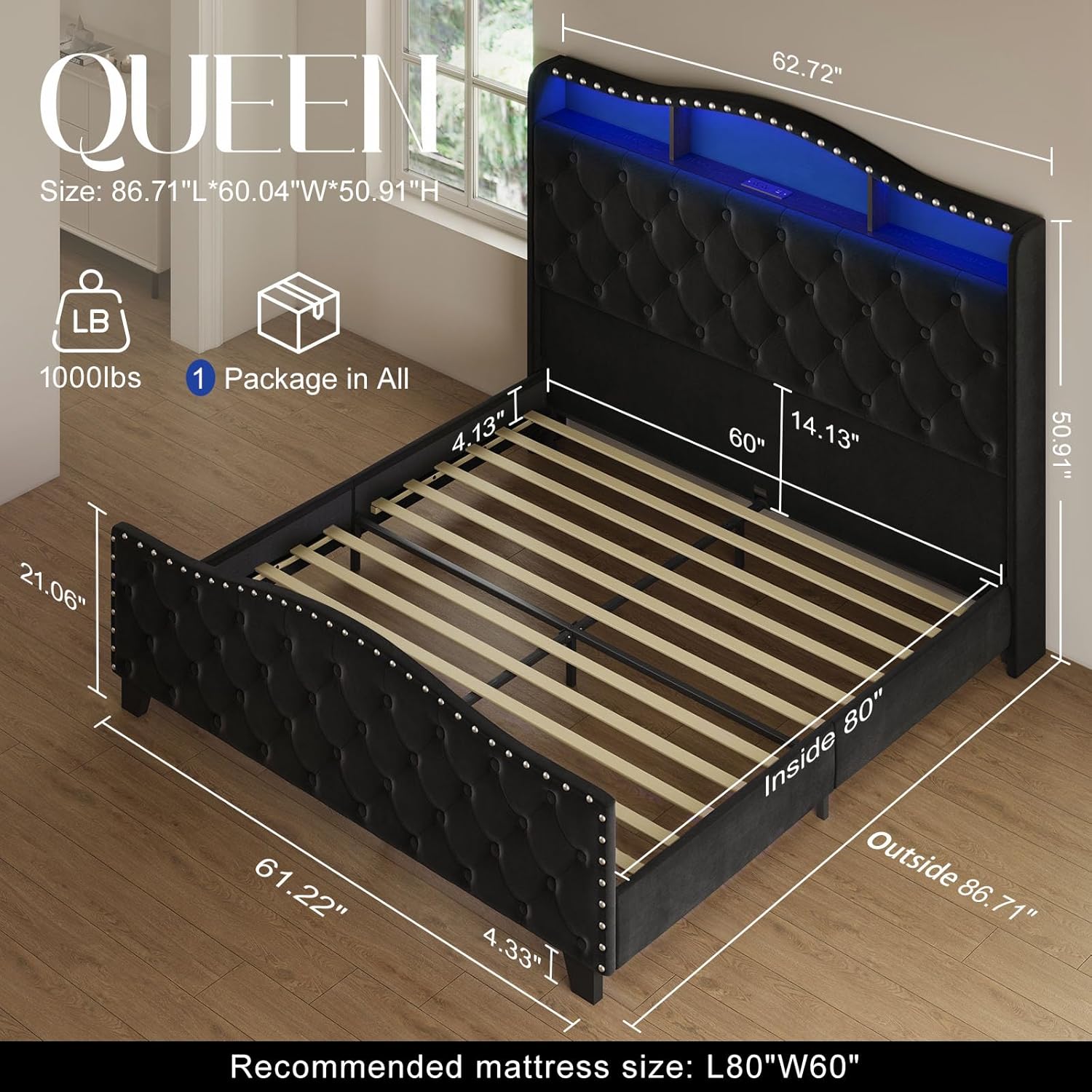 Belffin Queen Size Bed Frame and Headboard, 50.9