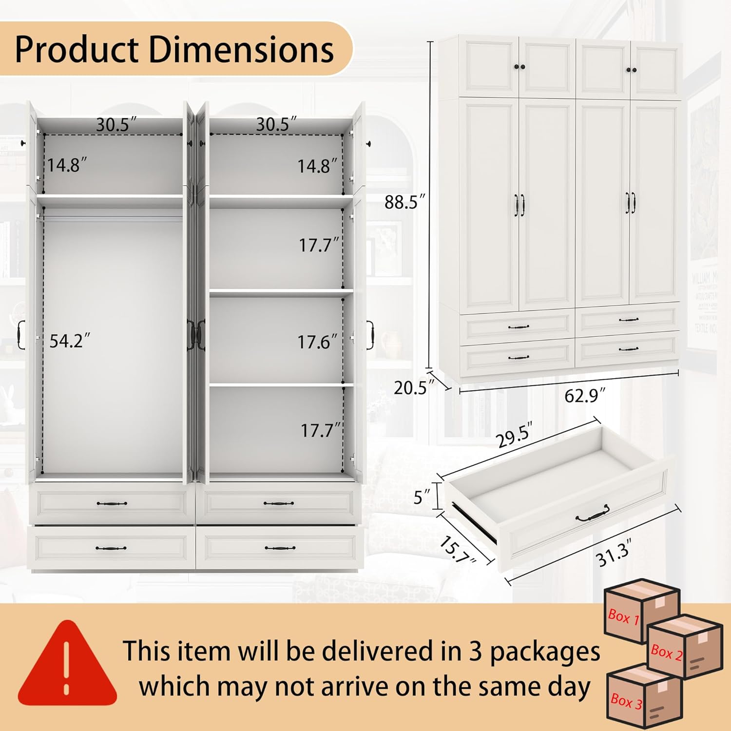 White Armoire Wardrobe Closet with Drawers: Bedroom Armoires with Hanging Rod, Wooden Closet Cabinet for Hanging Clothes, Tall Wardrobes Closets with Doors and Shelves (63