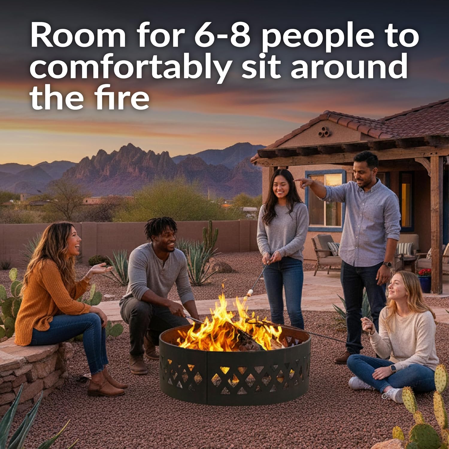 Sunnydaze 36-Inch Outdoor Fire Pit Ring with Poker - Round Heavy-Duty Steel Fire Ring for Camping or Backyard - Crossweave - 12