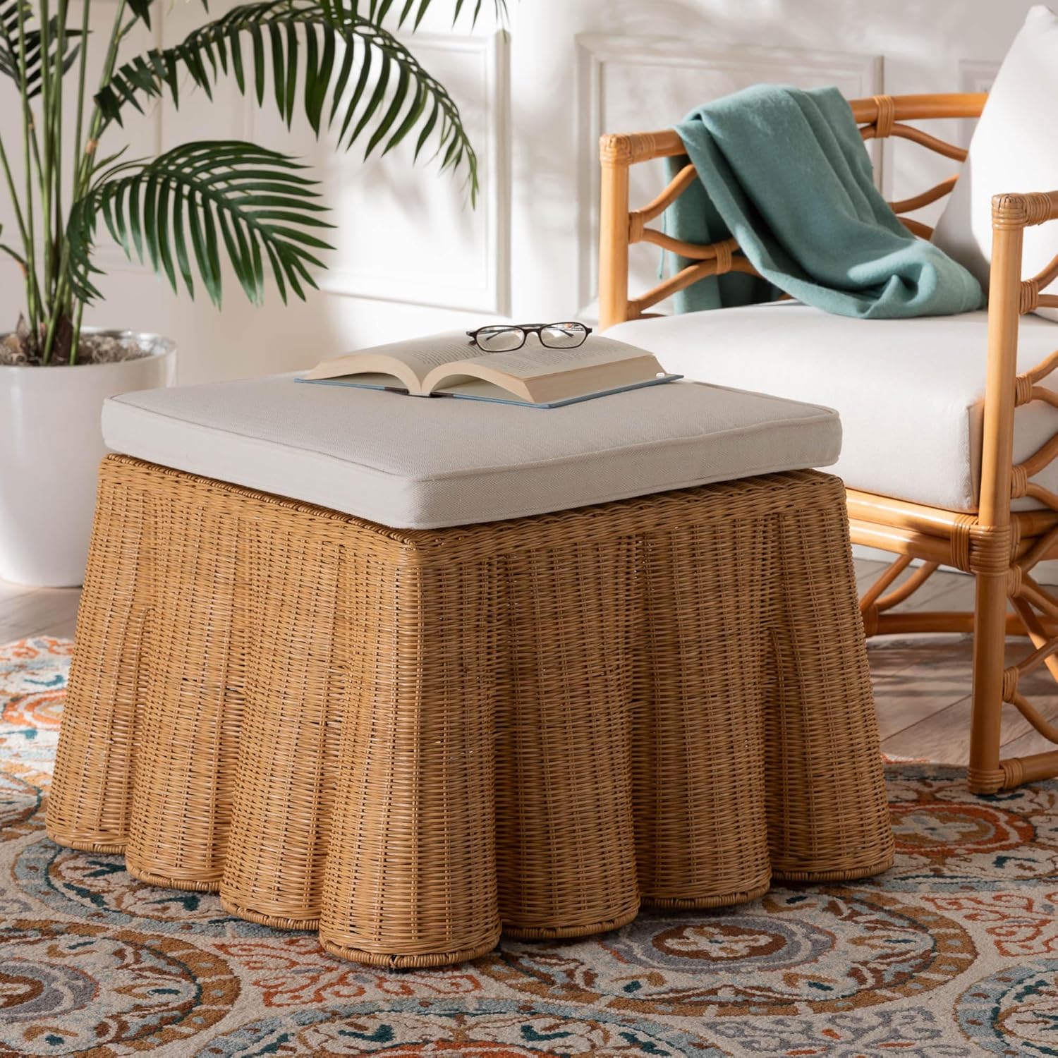 Bali & pari Palm Bohemian Honey Scallop Rattan Ottoman