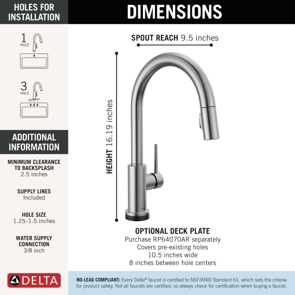 Delta Trinsic Touchless Kitchen Faucet with Touch Technology, Brushed Nickel Kitchen Sink Faucet with Pull Down Sprayer, Single Hole, Arctic Stainless 9159TL-AR-DST