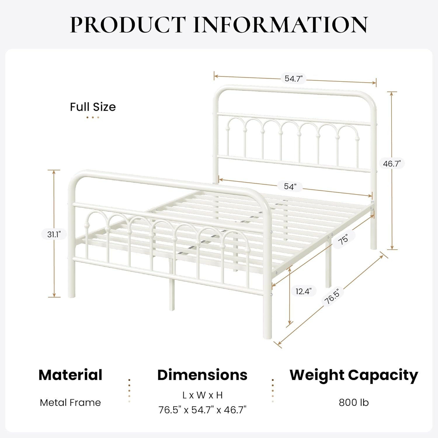 SHA CERLIN Full Size Metal Platform Bed Frame with Vintage Headboard and Footboard, Iron Arch with Ball Paint Finish, Under Storage Space, No Box Spring Needed, Easy to Assemble, Cream White