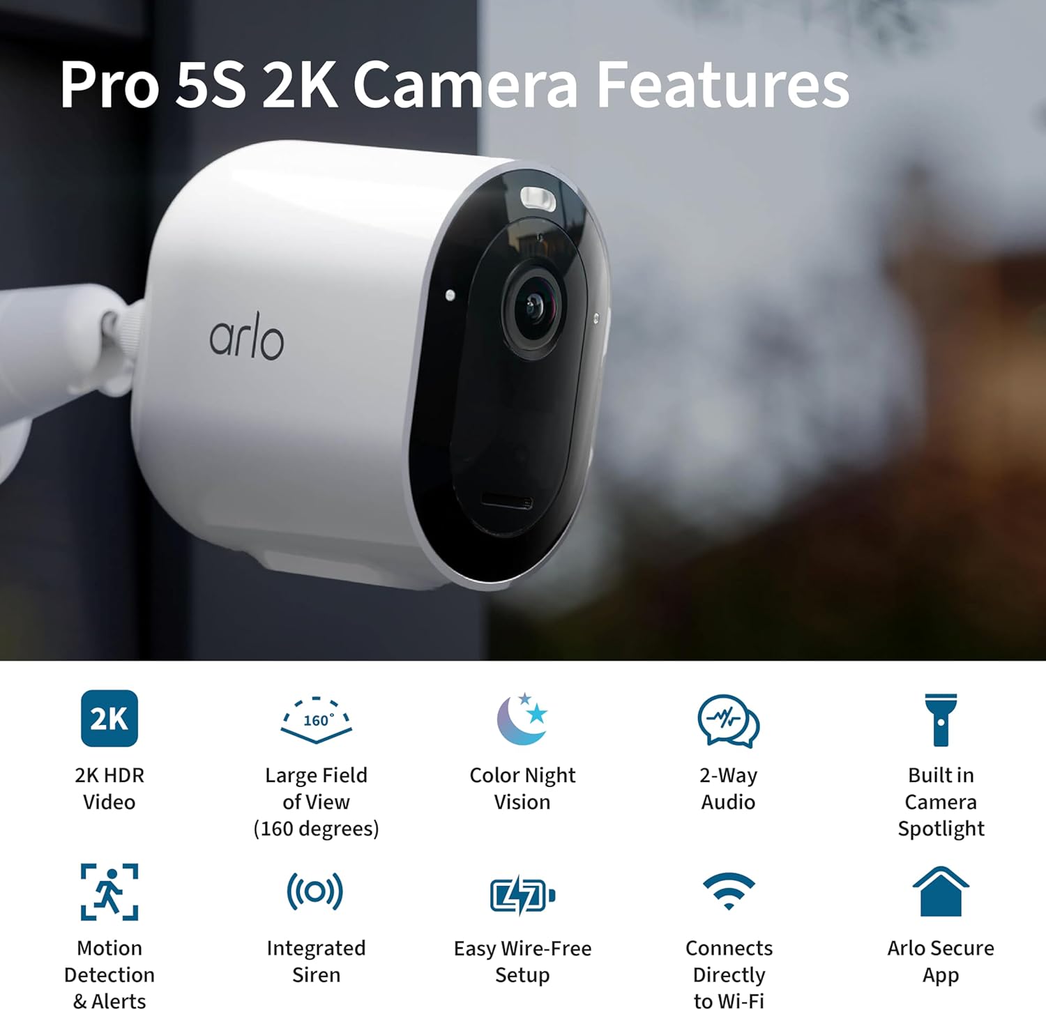 Arlo Pro 5S 2K HDR wireless outdoor security camera, color night vision, 160° FOV, rechargeable battery, weatherproof, 4-camera kit, white