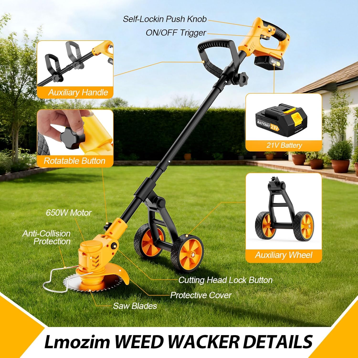 Electric Weed Wacker Cordless, Electric String Trimmer with 3 Types Blades & Removable Auxiliary Wheels, Brush Cutter & Grass Trimmer & Lawn Edger with for Garden Yard