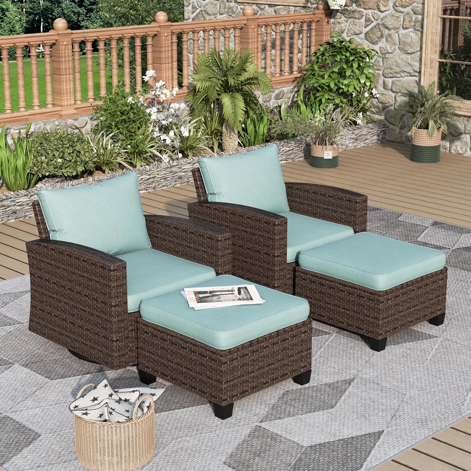 MIXPATIO 4 Pieces Swivel Wicker Patio Furniture Set, Rattan Outdoor Conversation Set with 2 Pieces Swivel Glider Chairs, 2 Pieces Ottomans, Blue