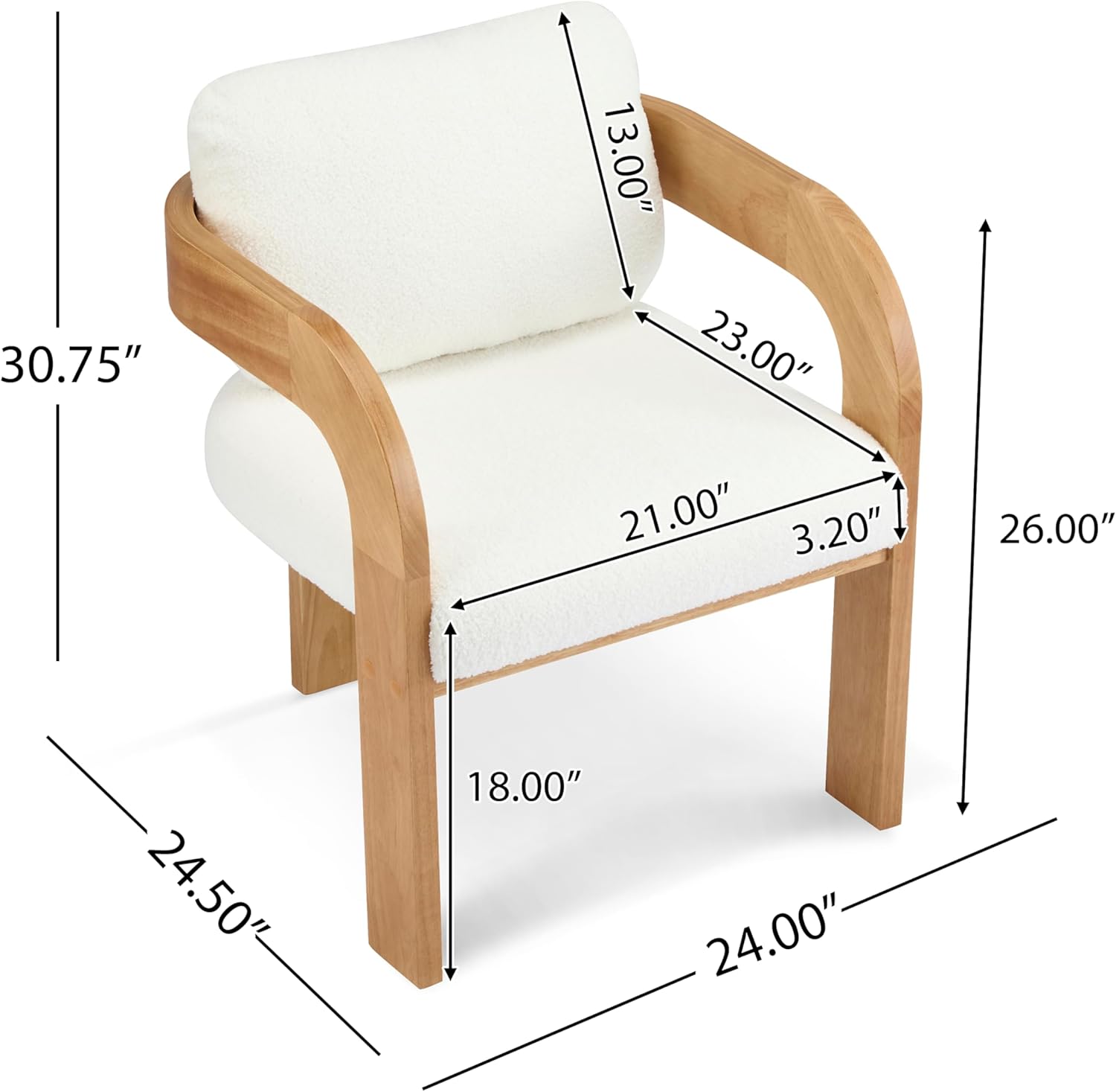 Christopher Knight Home Yorick Modern Boucle Dining Chair Set of 2 with Cushion, Solid Wood Dining Room Armchair Set, Curved Backrest Kitchen Side Chair, Living Room Comfy Extra Seat, Natural+White