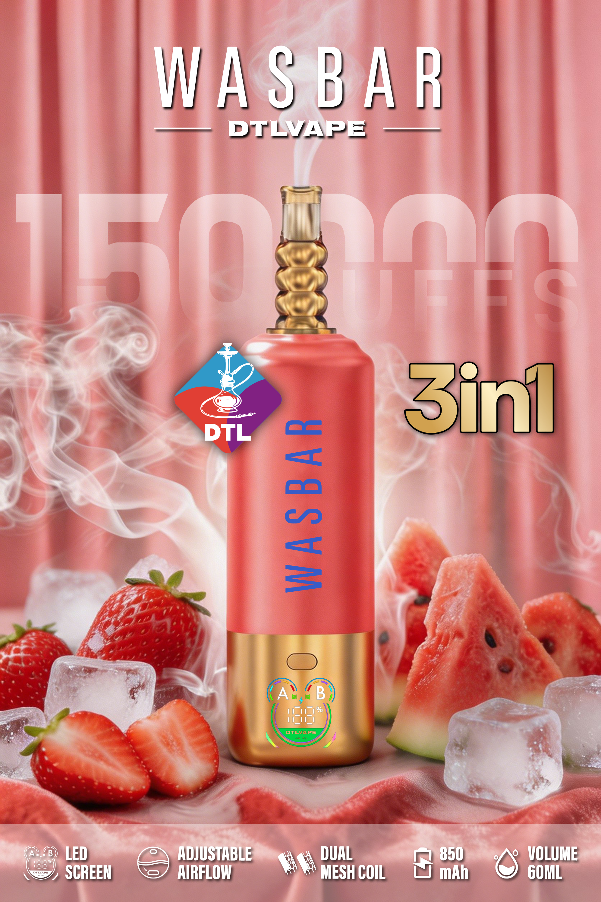 Wasbar 3 In 1 150000 Puffs 150K Disposable Vape DTL E-cigarettes