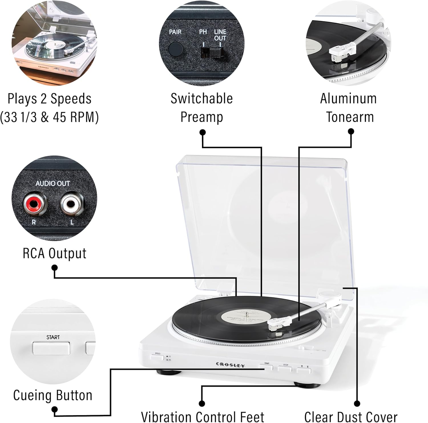 Crosley KT400A-WH Fully Automatic Bluetooth 2-Speed Turntable Record Player with S100A Stereo Speakers, White