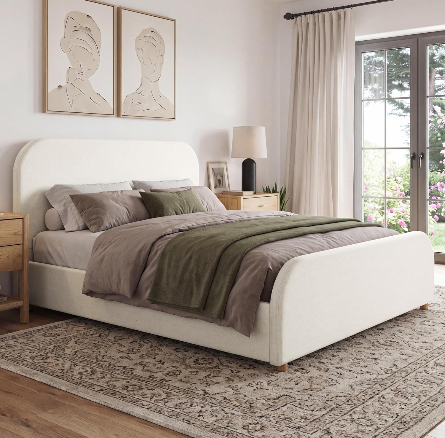 Merax California King Bed Frame, Upholstered Linen Platform Bed with 44 Inch Tall Headboard & Footboard, Solid Wood Base, Soft Curved Edges Design Bedframe, No Box Spring Need, Easy Assembly, Beige