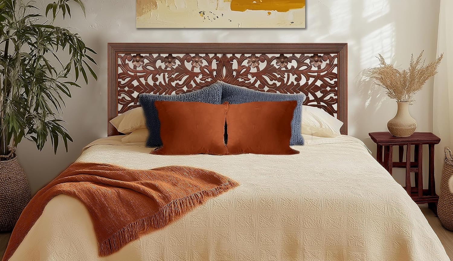 COTTON CRAFT Solid Wood Sturdy Queen Headboard - Compatible with All Bed Frame - Intricate Hand Carved Rajasthan Motif - Bohemian Transitional - Beautiful for Any Bedroom - Rustic Antique Brown