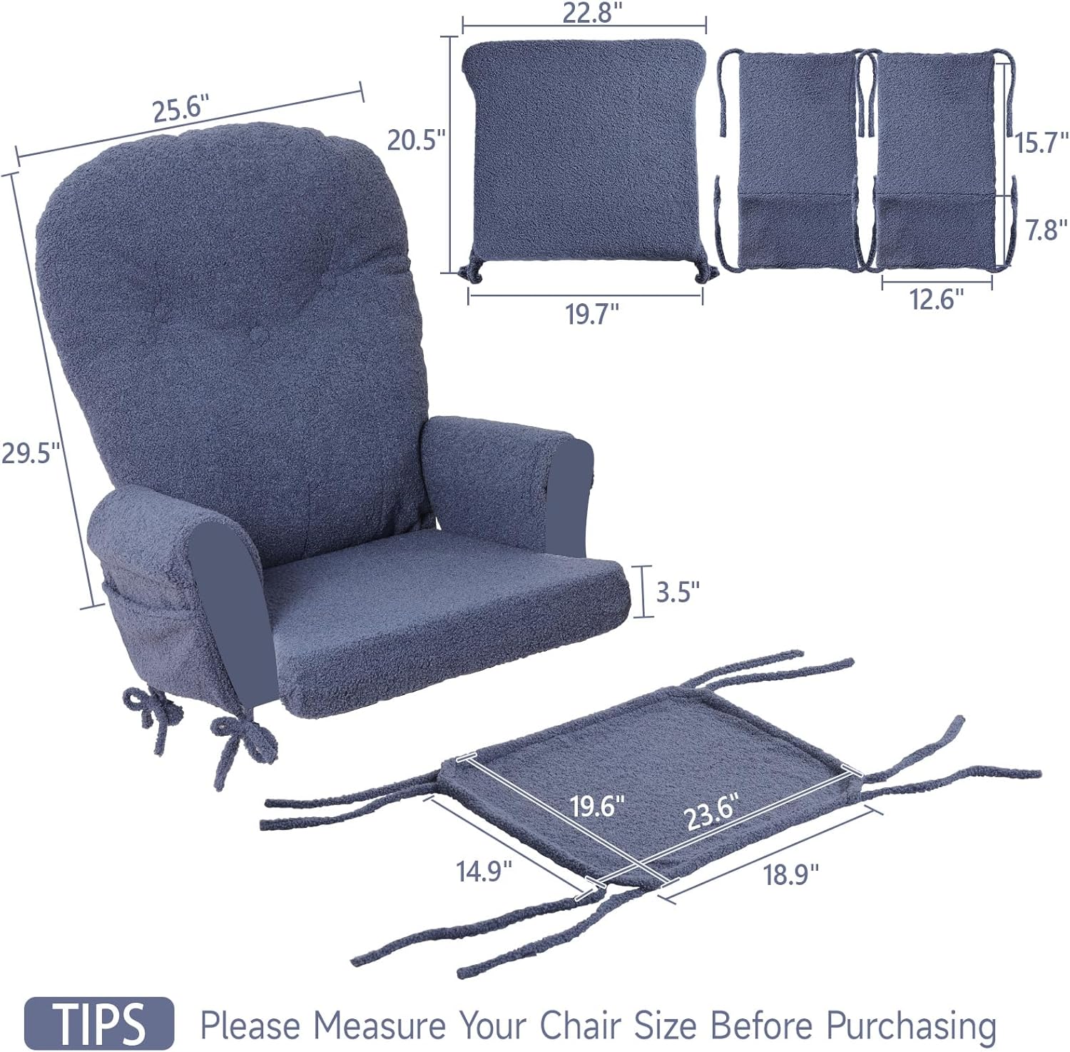 5PCS Glider Rocker Replacement Cushions with Ottoman Cover, Tufted High Back & Teddy Plush Rocking Chair Cushion Set, Thickened 3.5'' Glider Cushions with Side Pockets for Indoor Nursery, Dark Blue