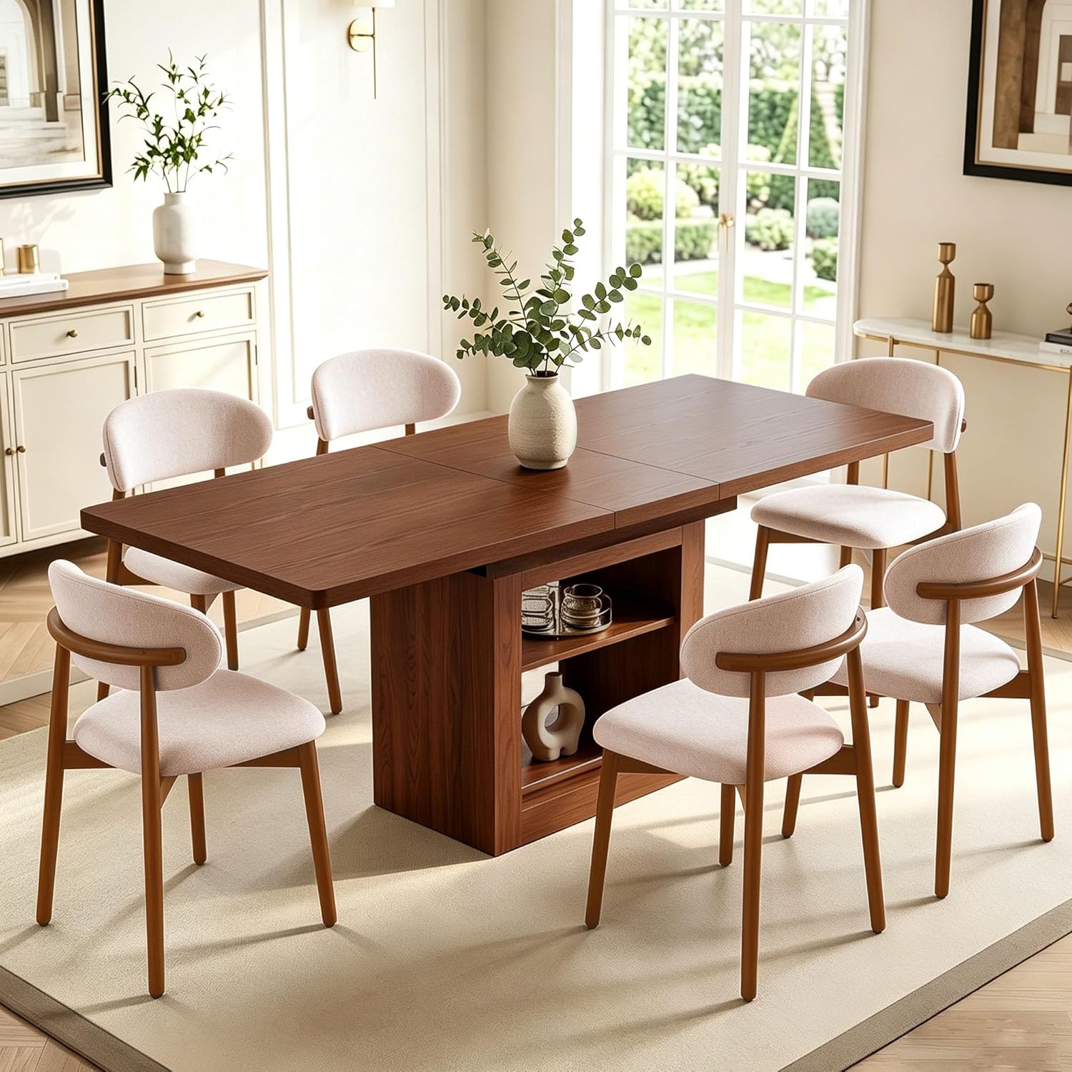 Extendable Dining Table Set for 6, Modern 7-Piece Kitchen Table and Chairs with Storage Shelves, 59