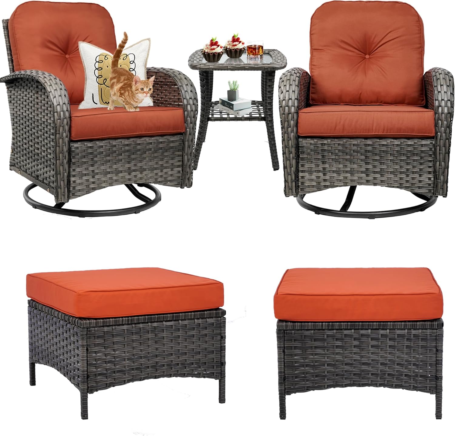 5 Piece Outdoor Patio Furniture Set,Wicker Patio Conversation Set with Swivel Glider Chairs,Wicker Rocking Swivel Chairs Set with Ottomans/Side Coffee Table for Backyard,Deck,Balcony,Red