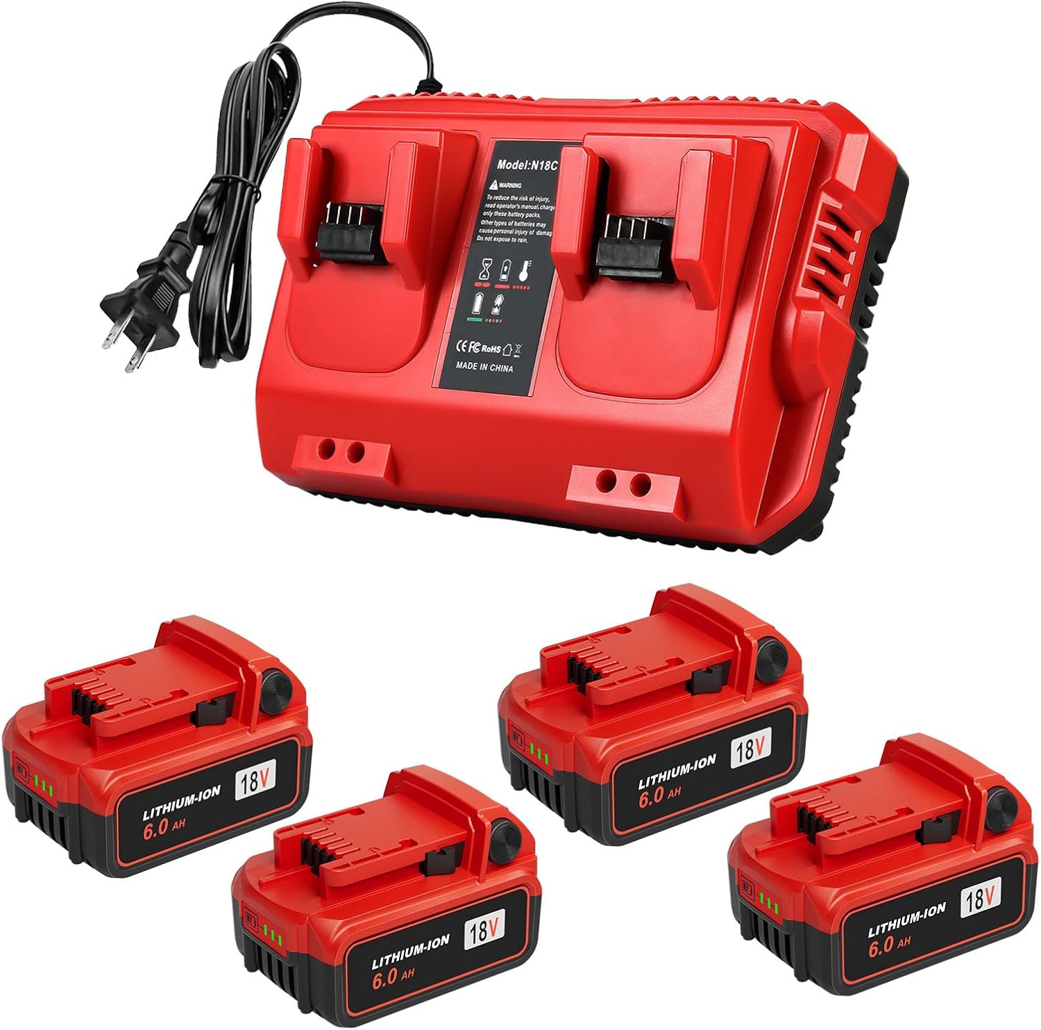 KOOMICY 4Pack 18V 6.0Ah Batteries Replacement for Milwaukee M-18 Battery and 1 Charger Set