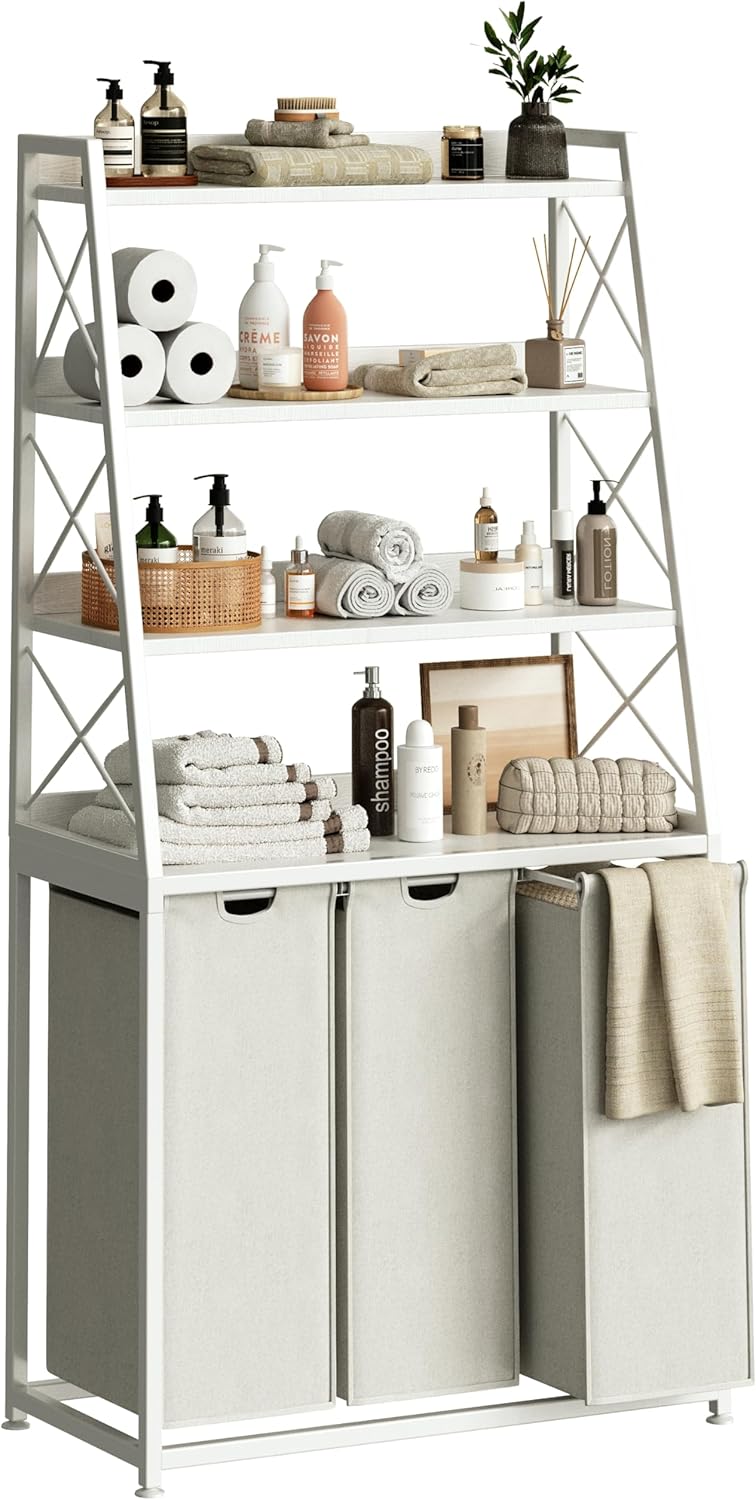 Herture Laundry Basket, 3 Section Laundry Hamper with 4 Tiers Shelf, Pull-Out and Removable Laundry Bags, Large 3 x 15.87 Gallons, for Laundry Room Bathroom White PF05XLW