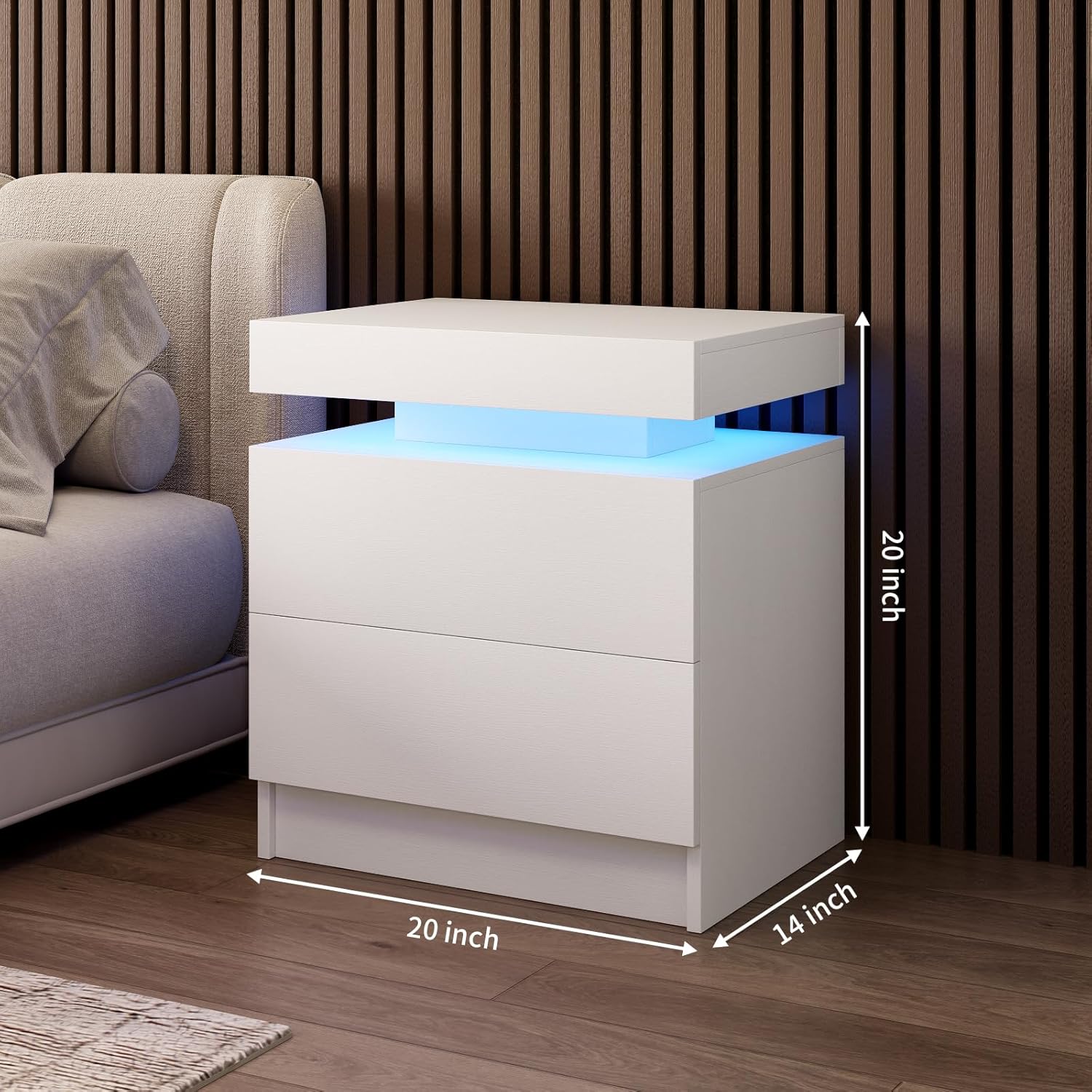 LED Nightstands Set of 2, Modern White Night Stand End Tables with APP & Remote Control LED Lighting, 2 Drawers, Open Shelf Storage, Bedside Tables for Bedroom and Living Room