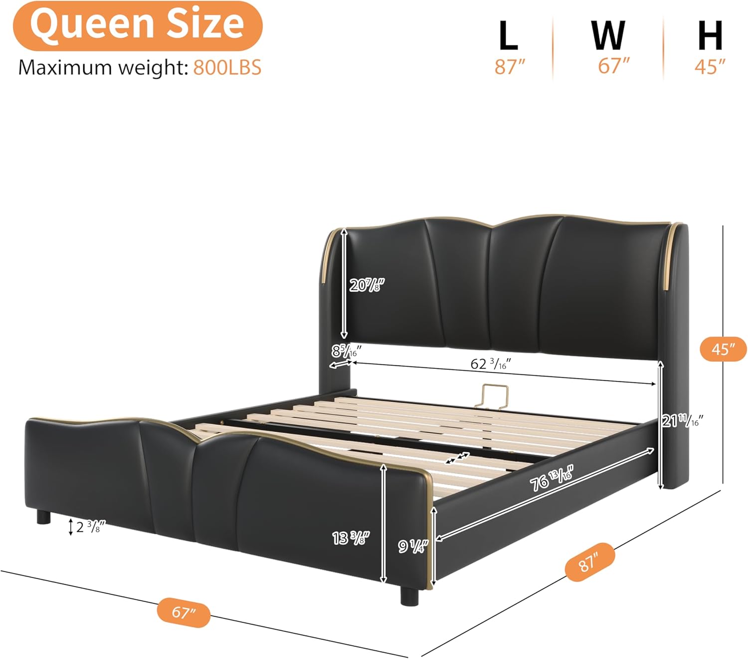 GDFStudio Queen Size Leather Upholstered Bed Frame with Wingback Headboard & Wavy Footboard,Modern Platform Bed,No Box Spring Needed,PU Leather Upholstery,Wood Slats, Quiet & Comfortable,Black