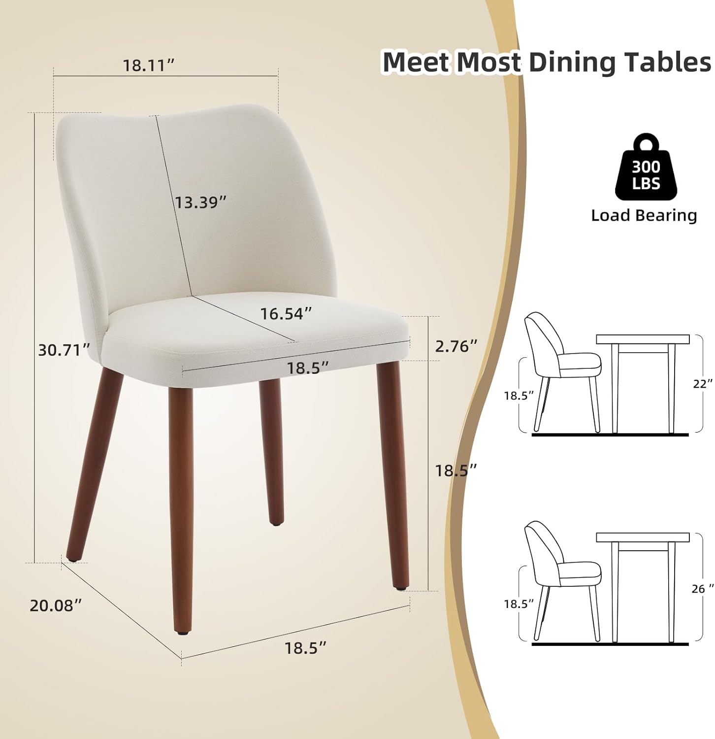 GarveeHome Linen Dining Chair Set of 4 Upholstered Fabric Dining Chair with Wood Legs, Wing Backrest, Wooden Kitchen Chairs with Thick Cushions, Leveling Feet for Dining Room, Living Room, White