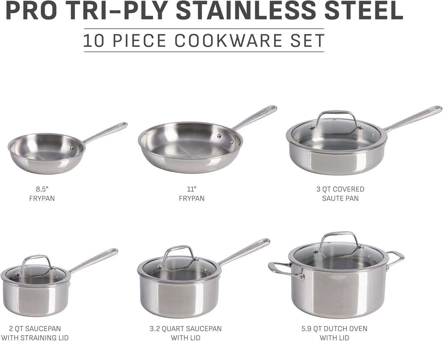 T-fal Pro Tri-Ply Stainless Steel Cookware Set, 10 Piece-Induction Compatible, Oven Safe 500F, Lids-350F, Even Heat, Professional Quality, Durable, Induction Pots and Pans Set, Silver