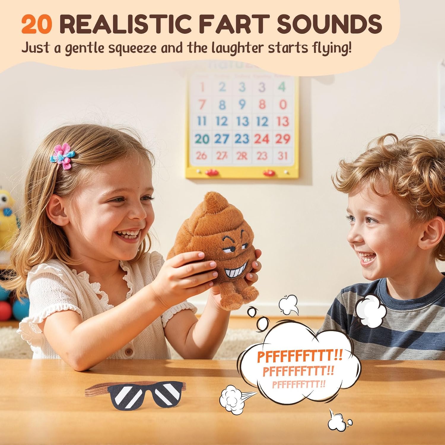 Farting Poop Plush Toy – Funny Poop Plush with 30 Hilarious Fart Sounds & Detachable Glasses, Perfect for Kids, Pets, Pranks, Gag Gifts, and Fun Decor for Home, Office & Parties