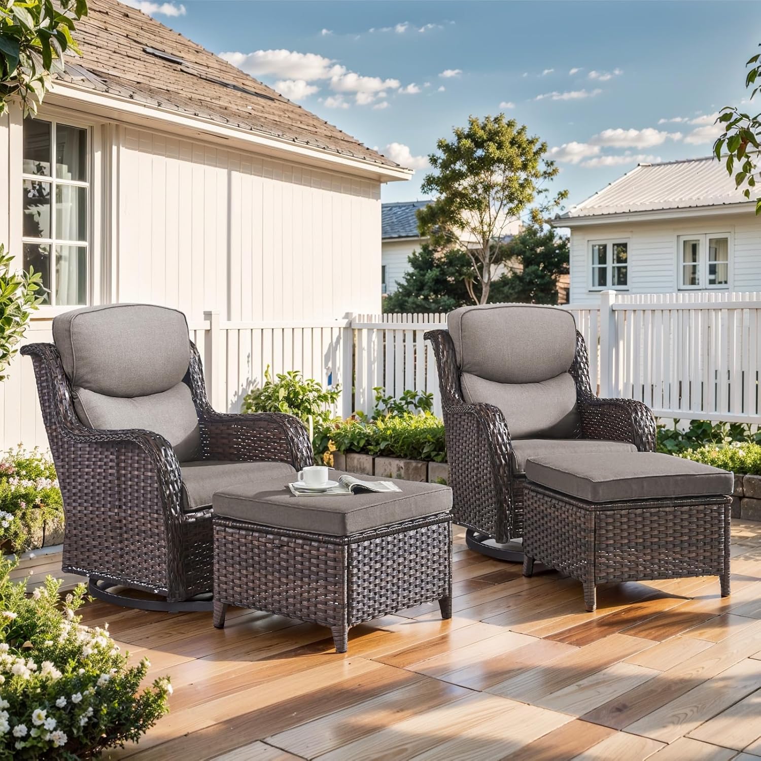 Outdoor Swivel Rocker Patio Chairs with 2 Ottomans - 5