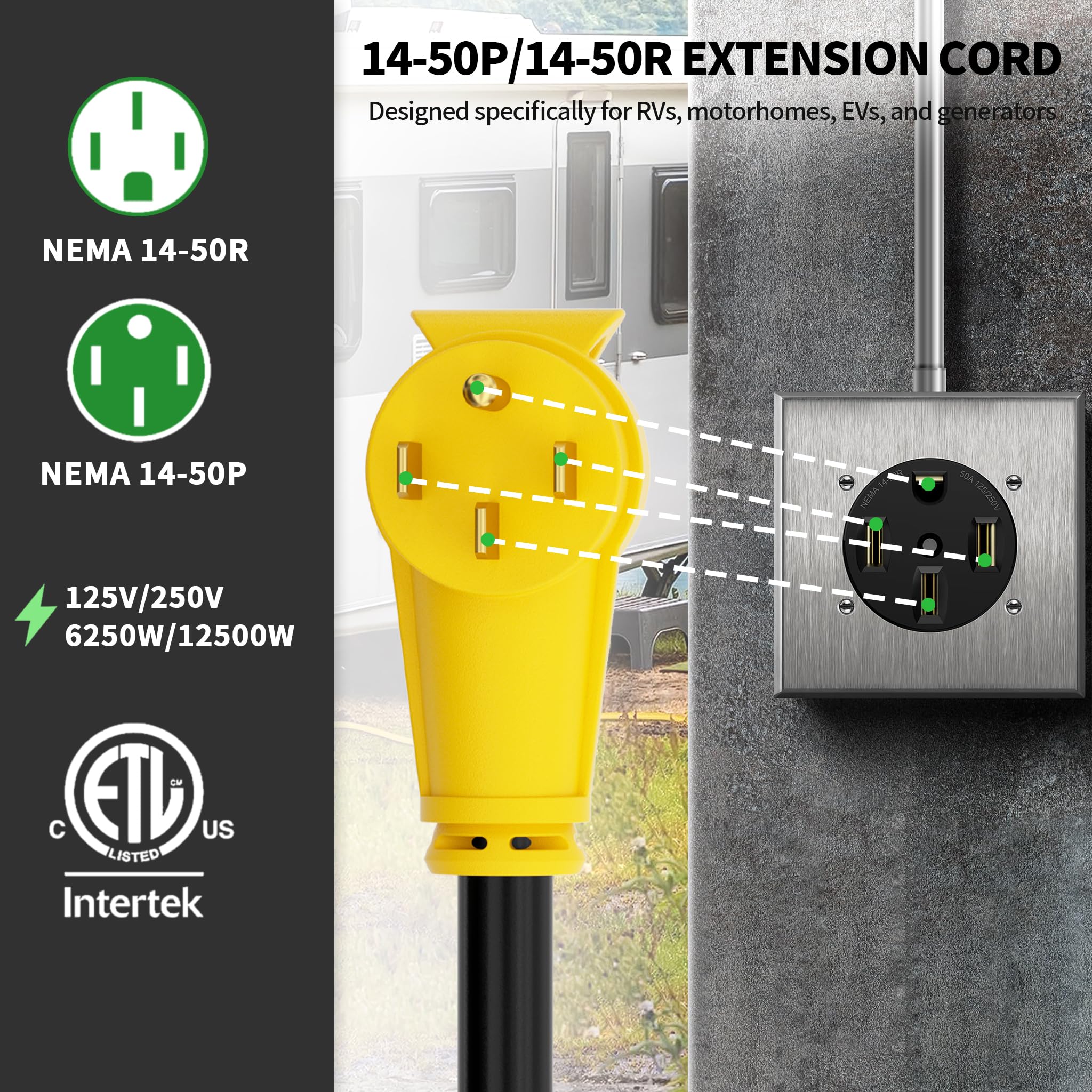 POWGRN NEMA 14-50 25FT RV/EV Heavy Duty Extension Cord