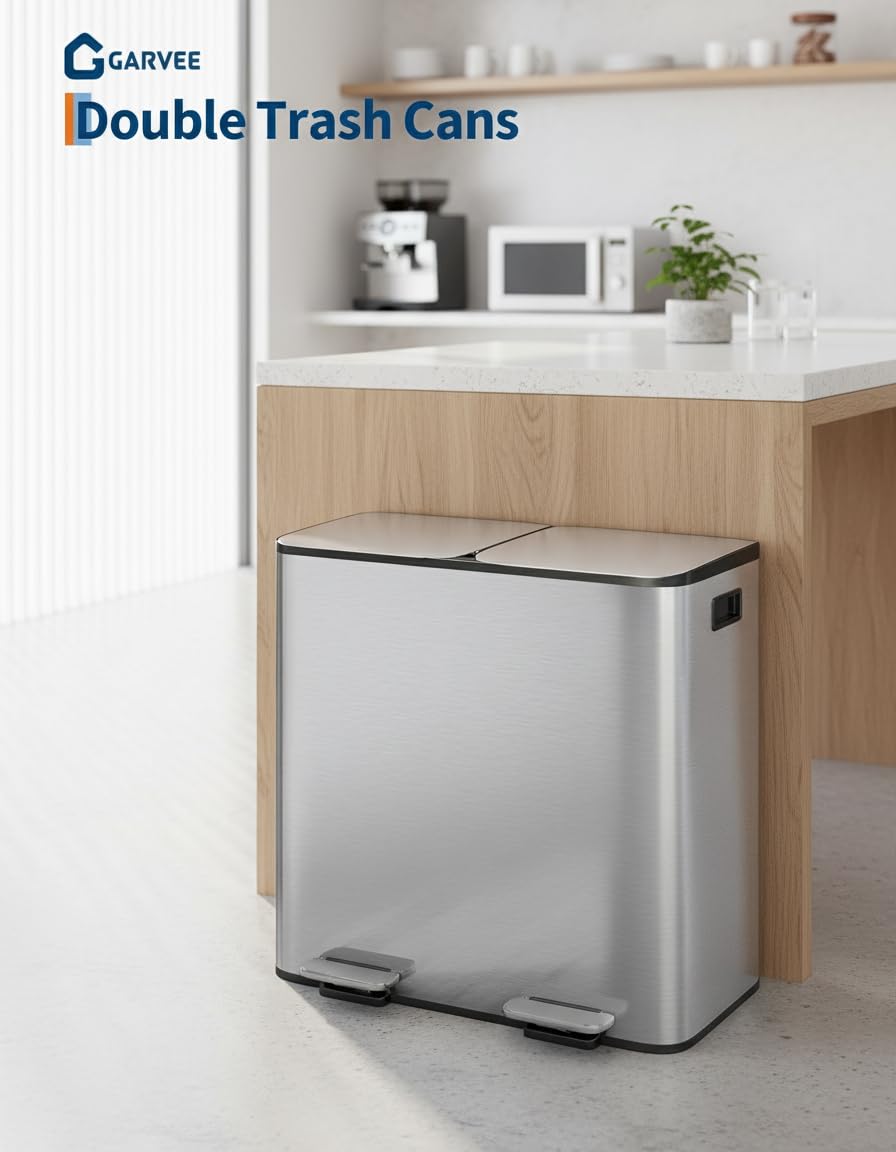 GarveeHome 2 x 8 gal Stainless Steel Double Trash Can with Lid for Kitchen, Large Dual Trash and Recycle Bin Combo, Step-on Kitchen Metal Garbage Cans, PP Inner Buckets, Liner Rim