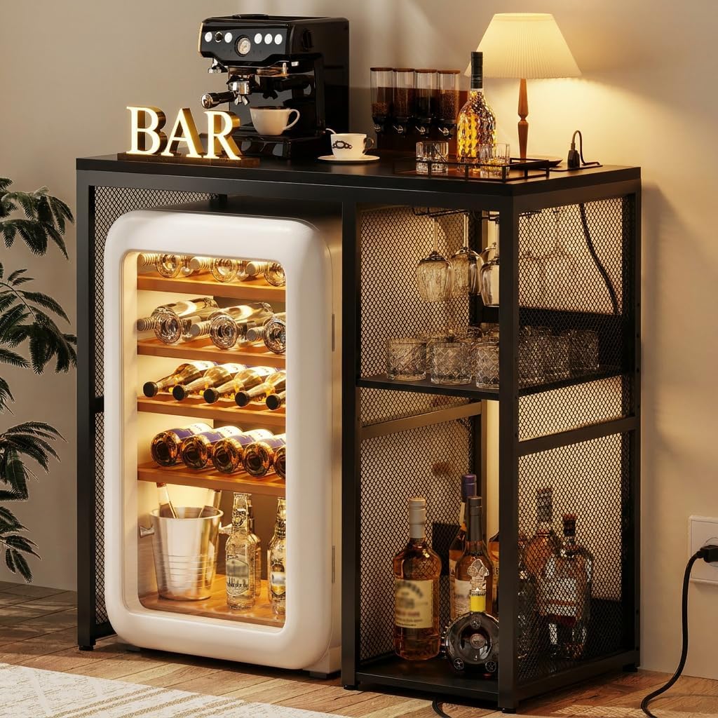 Homieasy Mini Fridge Cabinet with Power Outlet, Coffee Bar Cabinet with Mini Fridge Space, Industrial Liquor Cabinet with Wine Storage & Glass Holder for Dorm, Living Room, Home Kitchen, Black