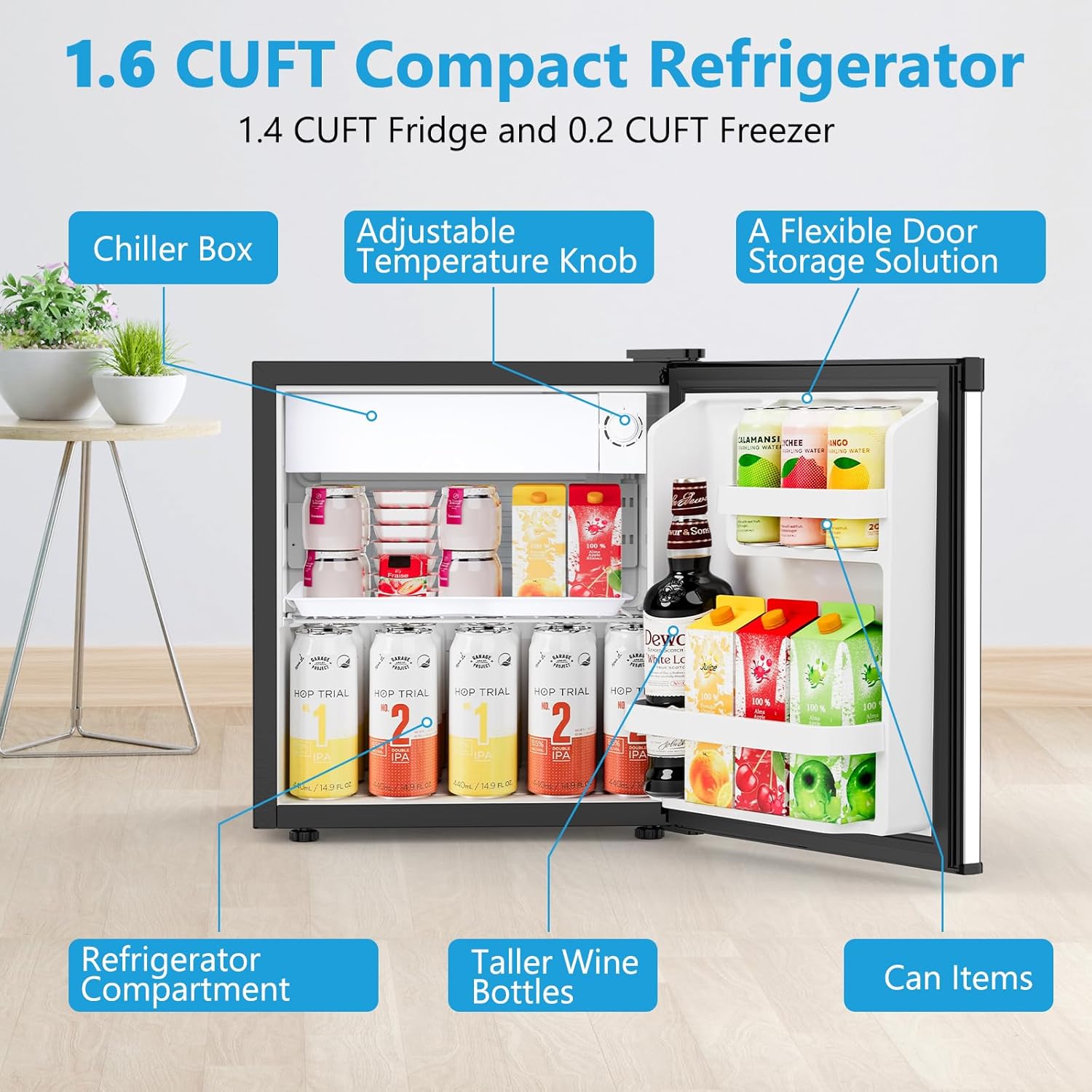 Electactic 1.6 Cu.ft Mini Fridge with Freezer, Compact Single Reversible Door Refrigerator, Adjustable Thermostat, Ultra Quiet, Energy Efficient for Office, Dorm, Bedroom, Apartment -Silver