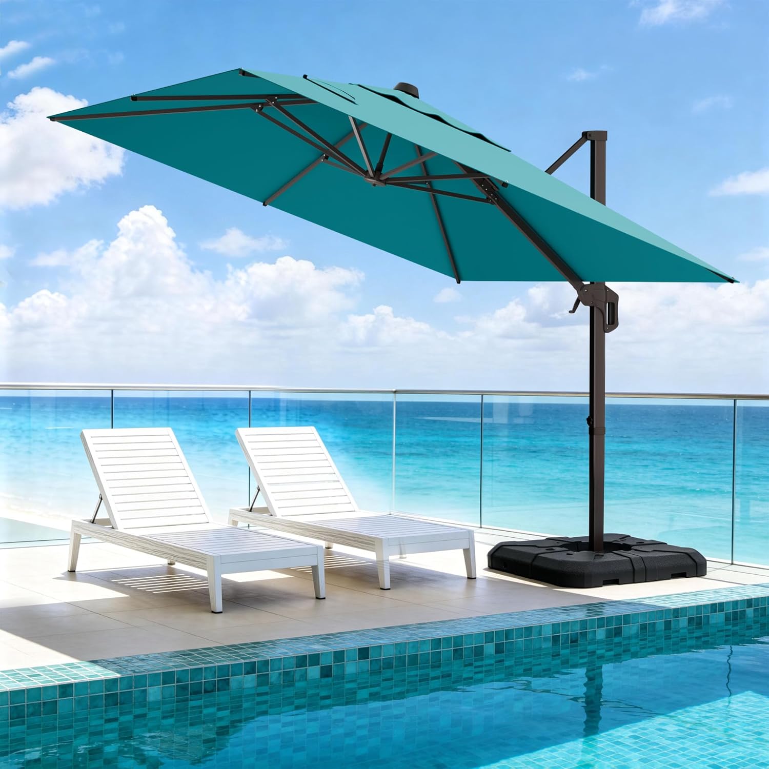 10' X 10' Patio Umbrella Cantilever Outdoor Rectangle Umbrella with Base Included, Heavy Duty 360°Rotation Offset Umbrella for Garden Deck Pool Patio, Turquoise