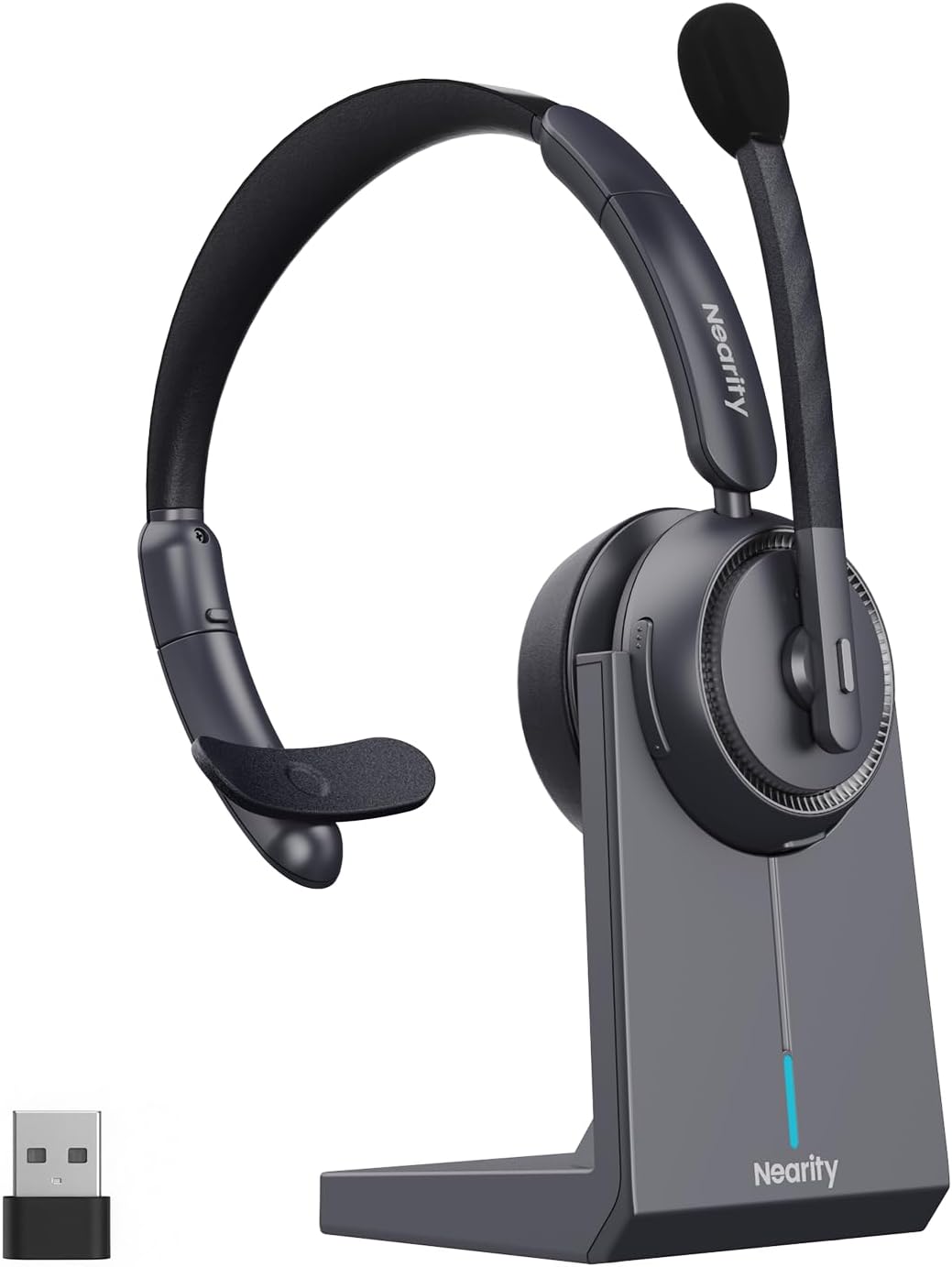 NEARITY EP310 Single Ear Headset with Mic, Bluetooth Headphones Noise Canceling, USB Headset with Microphone for Work, Charging Stand, Type-A Dongle, Mute Button for Trucker/Call Center