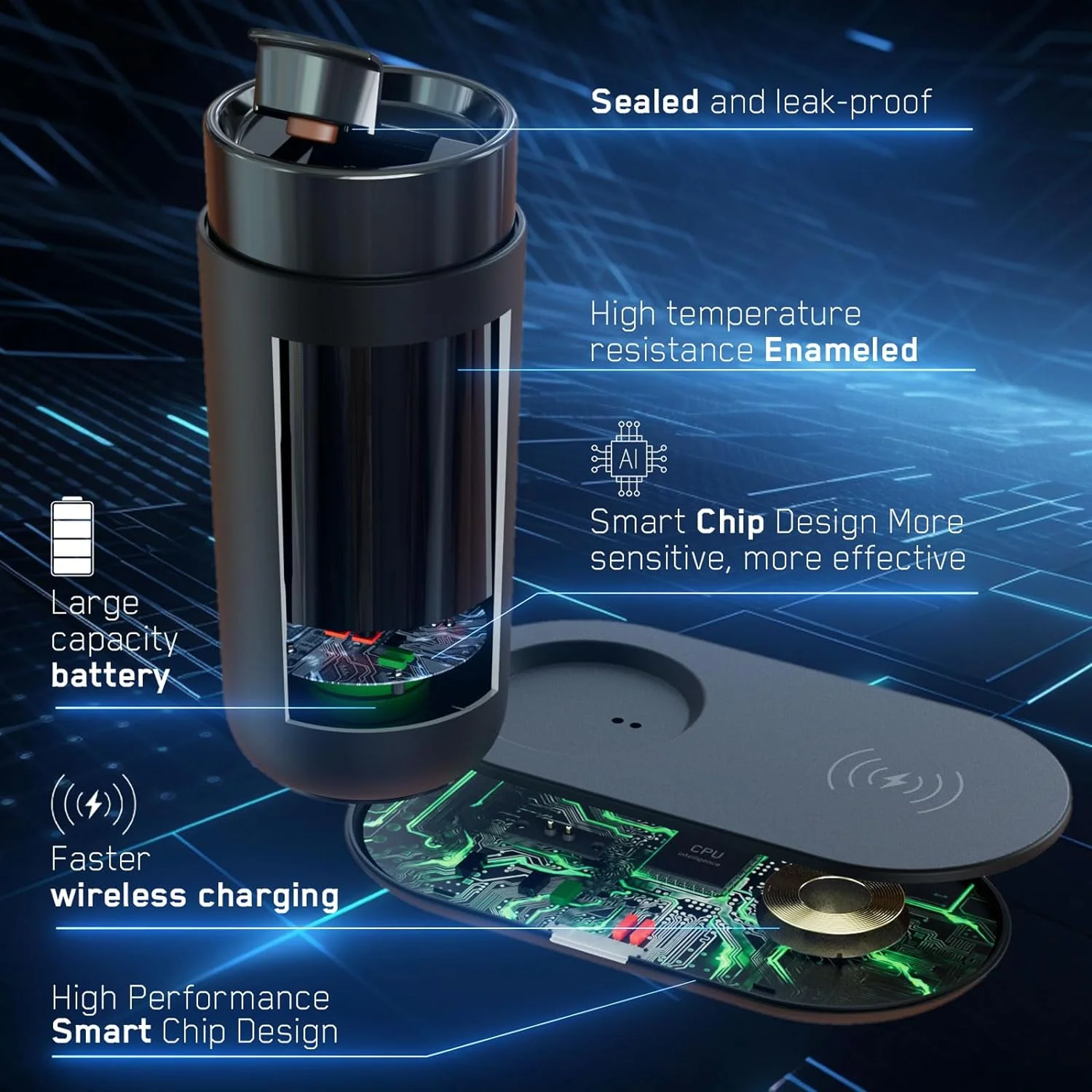 Temperature Control Heated Coffee Mug Smart Self Heating Travel Mug 12 Oz App Controlled Warmer Mug 5 Hour LED Display Keep Coffee Hot All Day up to 149℉ Fast Wireless Charger Base Black2.0