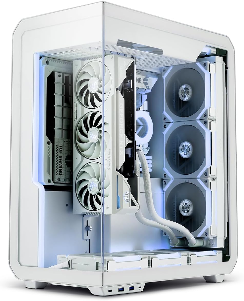 SSUPD Xhuttle White ATX Mid Tower Gaming Case, with a Dual - Chamber Design, Panoramic Tempered Glass,Vertical GPU Airflow, Includes 3 x 120mm ARGB Reverse Fan, RGB Strip (White)
