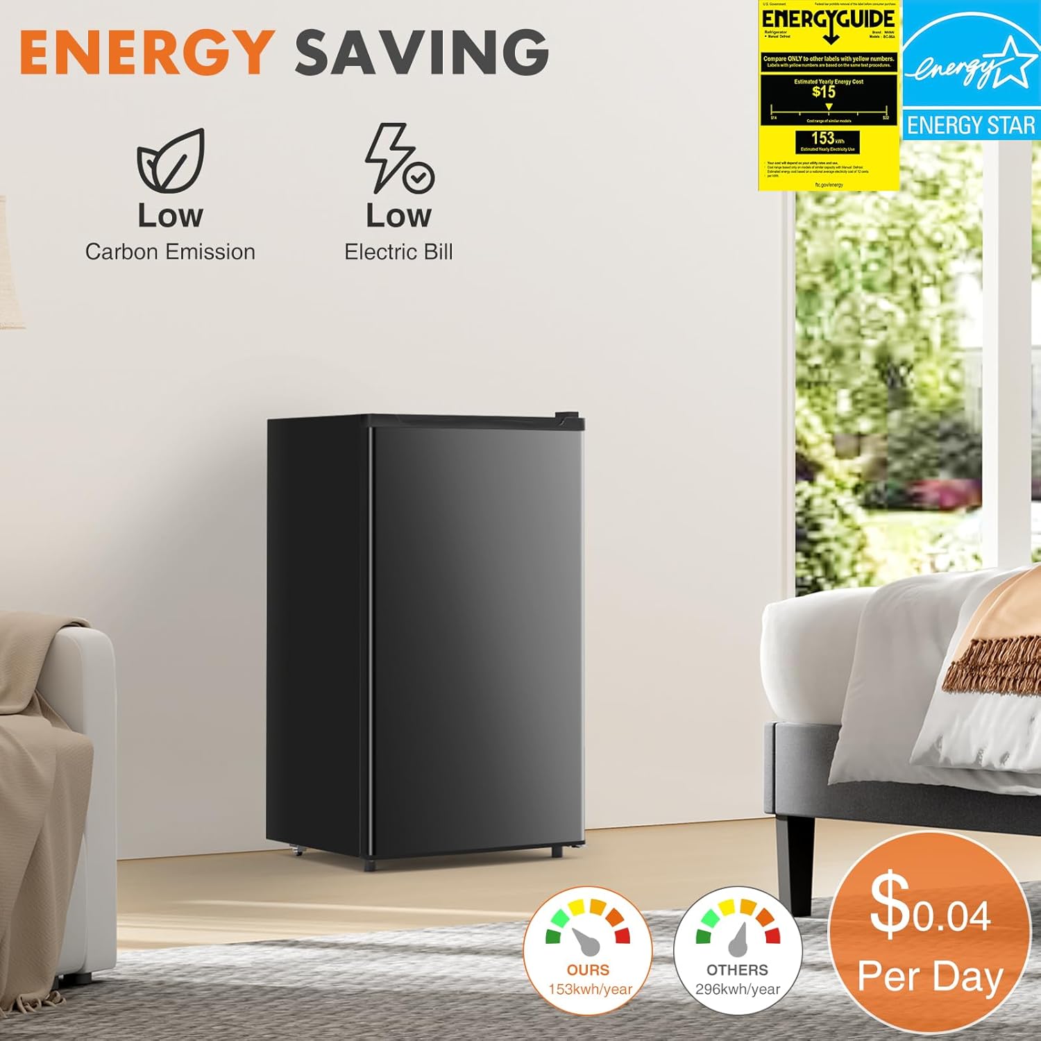 Sweetcrispy 3.2 Cu.Ft Mini Fridge with Freezer, 2 Door Small Refrigerator with Adjustable Thermostat Energy-efficient Low Noise, Compact Fridge for Bedroom, Office, Dorm, Black
