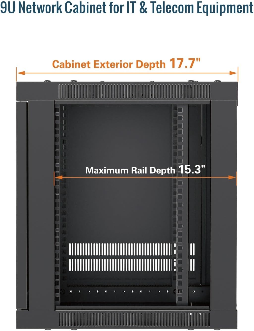 Tecmojo 9U Wall Mount Rack Cabinet, Heavy-Duty 176 Lbs High Load Capacity, 19” Enclosed Server Network Rack with Glass Door, 17.7” Deep – Elite Collection