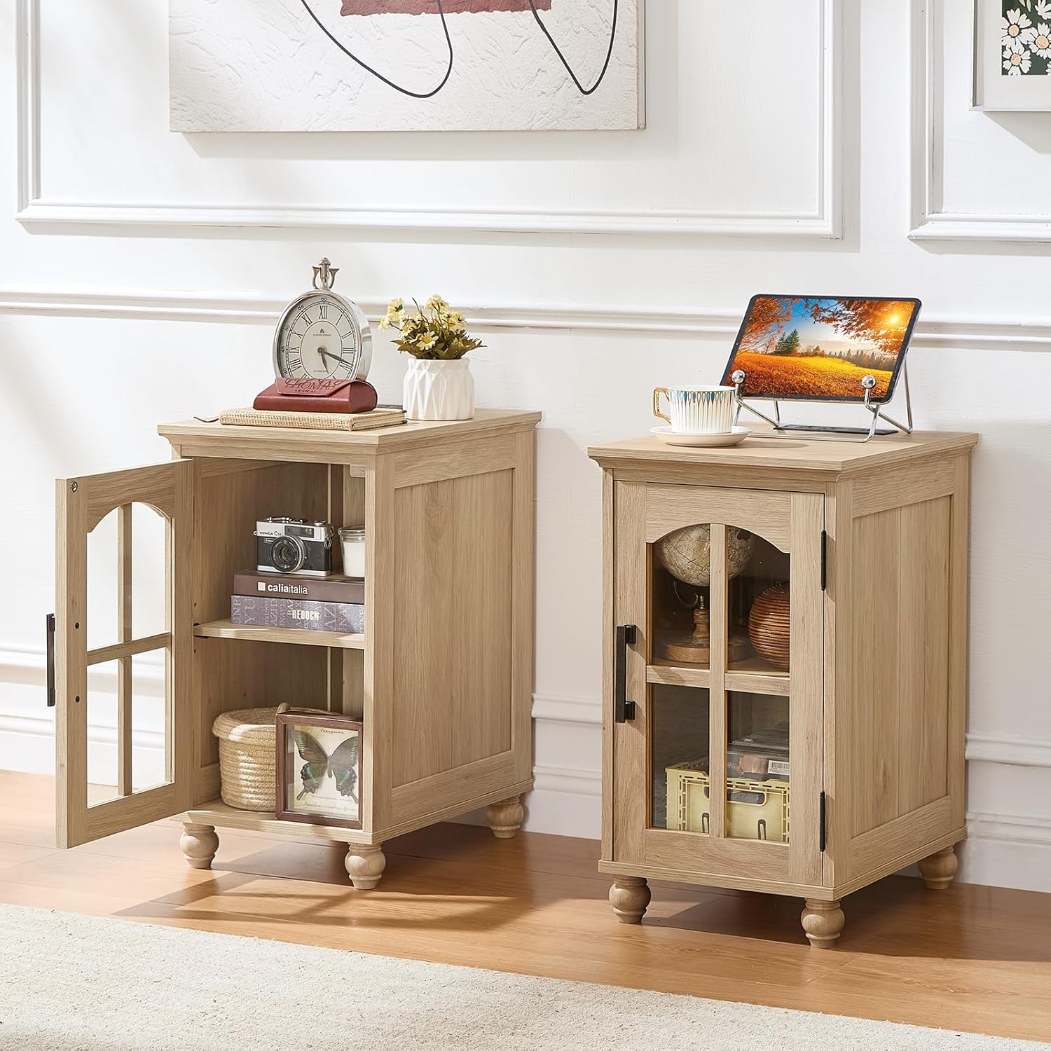 Narrow Side Table Set of 2,Farmhouse Nightstand with Charging Station,End Table with Glass Barn Door Storage, Cabinet Organizer with Adjustable Shelf, Night Stand for Small Spaces Living Room Bedroom