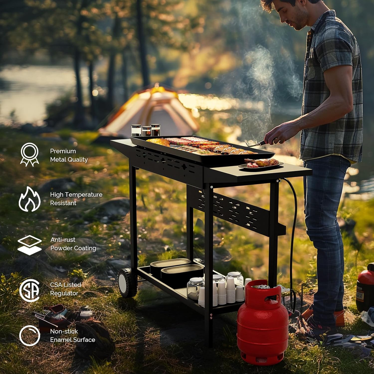 ROVSUN 4 Burner Portable Propane Griddle with Nonstick Enameled Tray, 40000 BTU Rolling Flat Top Gas Grill with Electronic Ignition, Side Shelves & Regulator for Outdoor Cooking Camping BBQ Tailgating