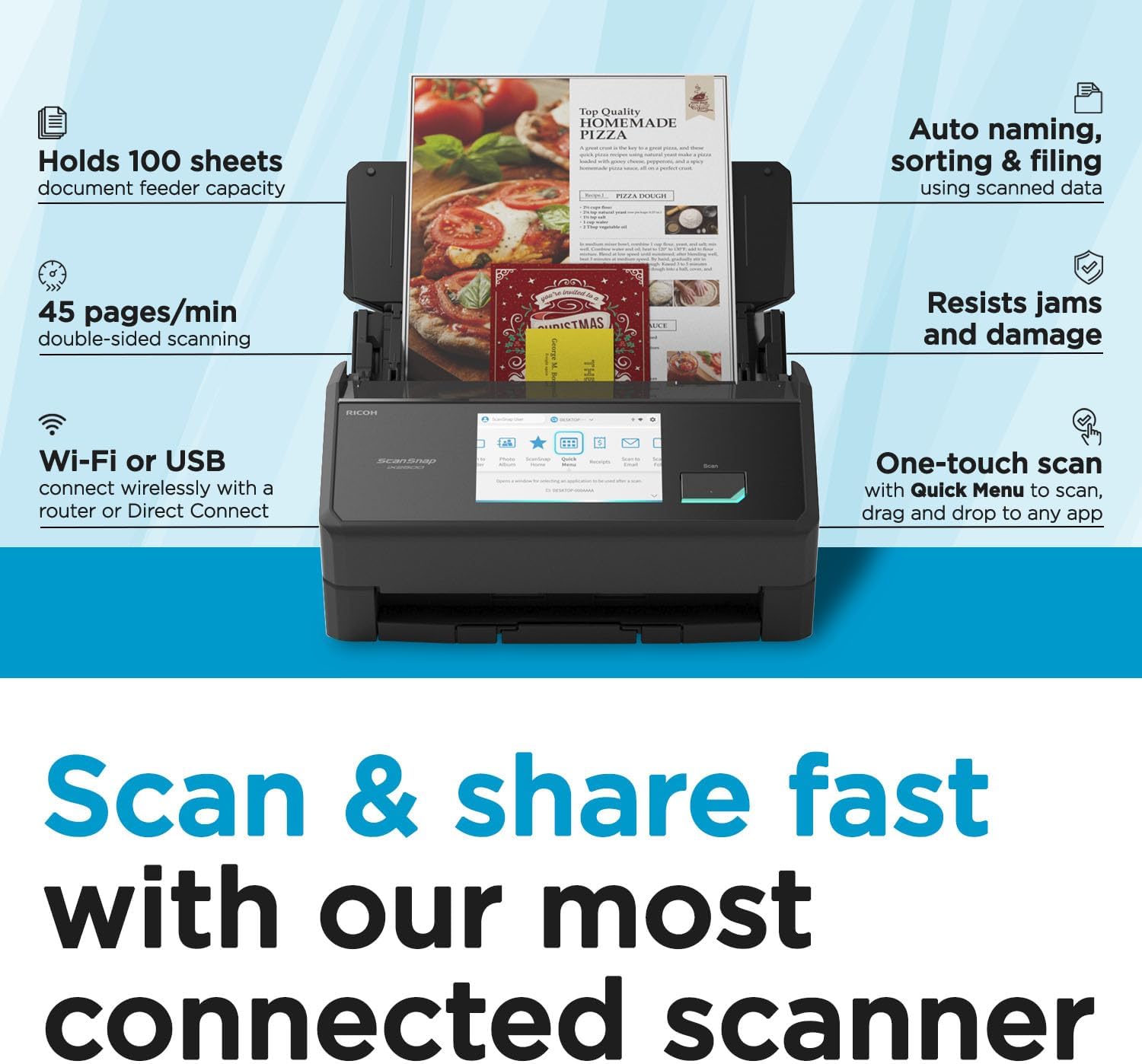 ScanSnap iX2500 Wireless or USB High-Speed Cloud Enabled Document, Photo & Receipt Scanner with Large 5